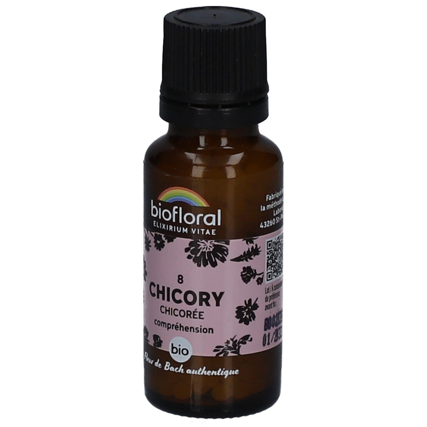 Braune Glasflasche mit schwarzem Deckel. Etikett mit floralem Muster und Text: BIOFLORAL, 8 CHICORY, BIO, Fleur de Bach authentique, QR-Code.
