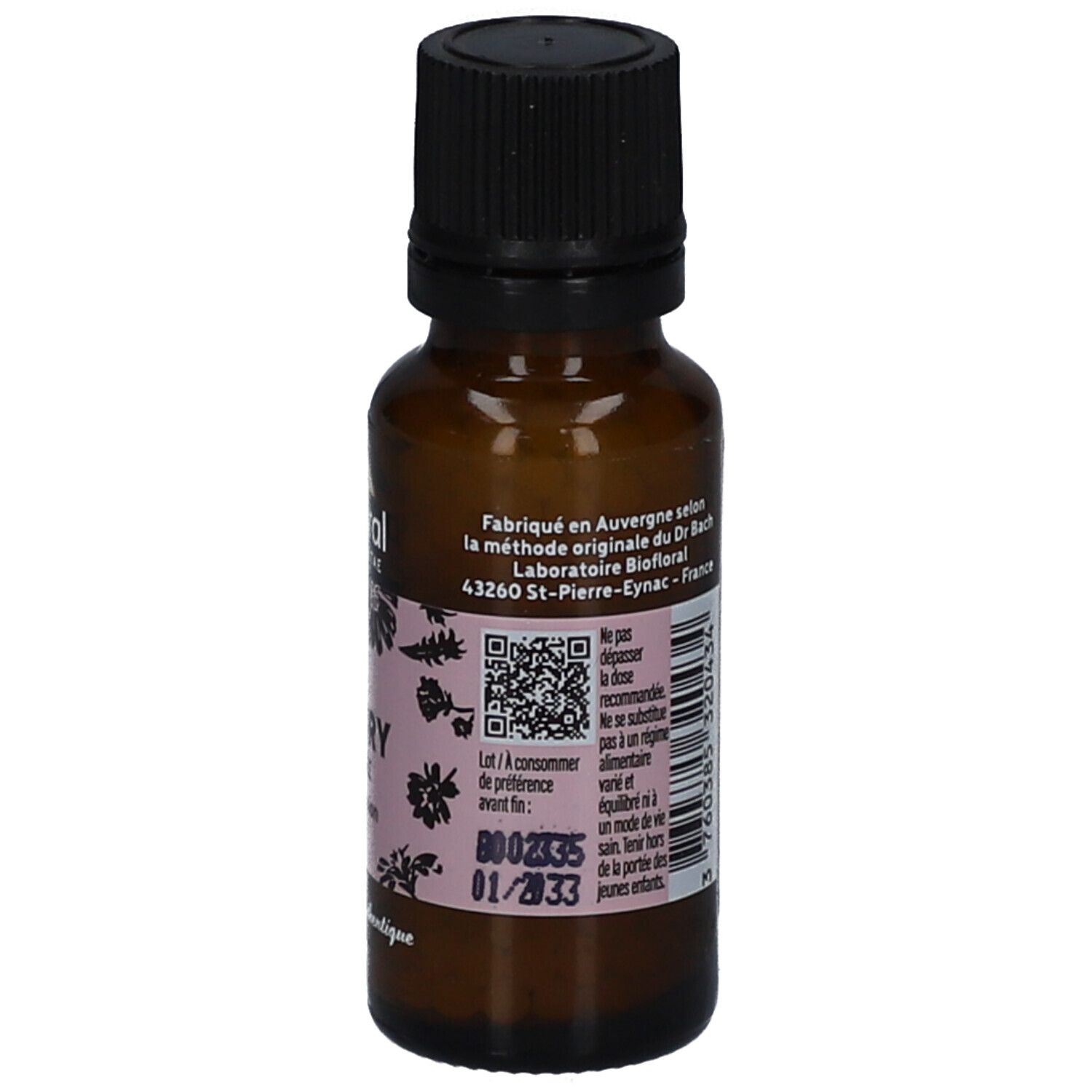 Braune Glasflasche mit schwarzem Deckel. Etikett mit Text: Fabriqué en Auvergne, Lot/A consommer avant, QR-Code, 01/2033.