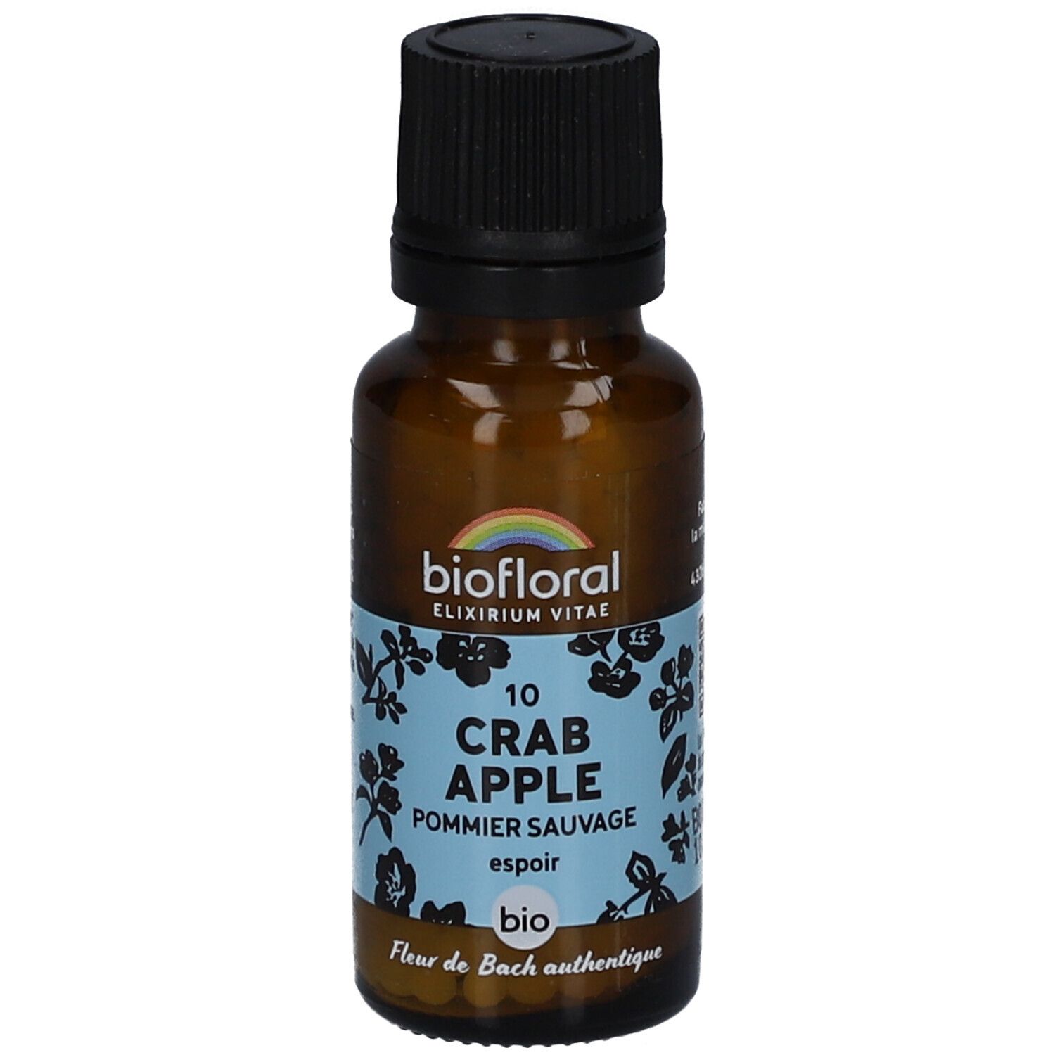 Braune Glasflasche mit schwarzem Deckel. Etikett mit "BIOFLORAL" und "CRAB APPLE".