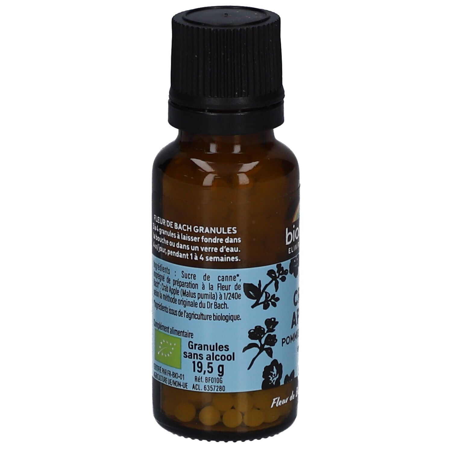 Braune Glasflasche mit schwarzem Deckel. Etikett mit Inhaltsstoffen und "BIO".