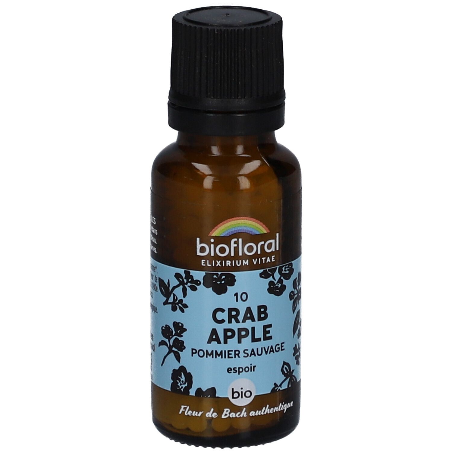 Braune Glasflasche mit schwarzem Deckel. Etikett mit "BIOFLORAL" und "CRAB APPLE".