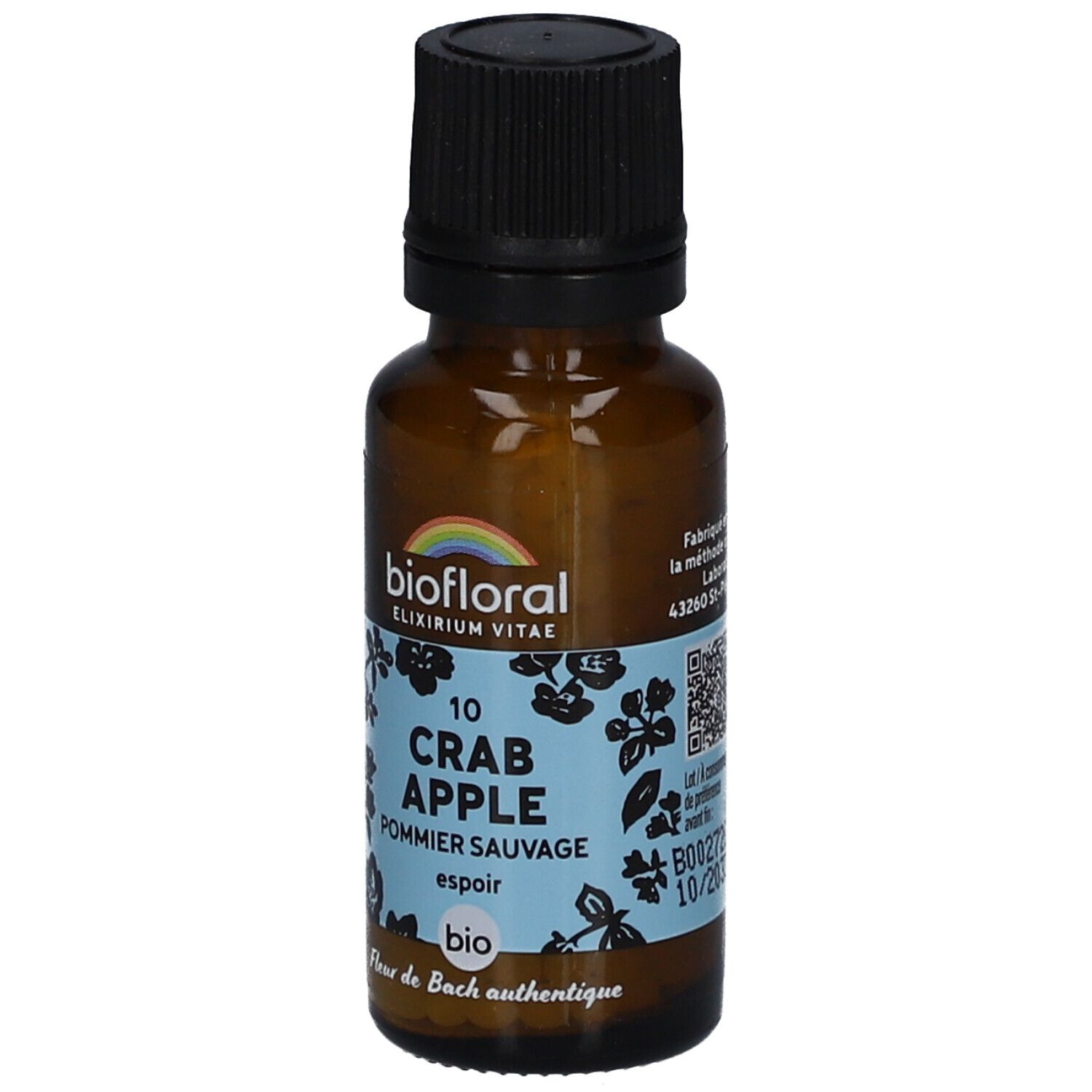 Braune Glasflasche mit schwarzem Deckel. Etikett mit "BIOFLORAL", "CRAB APPLE" und QR-Code.
