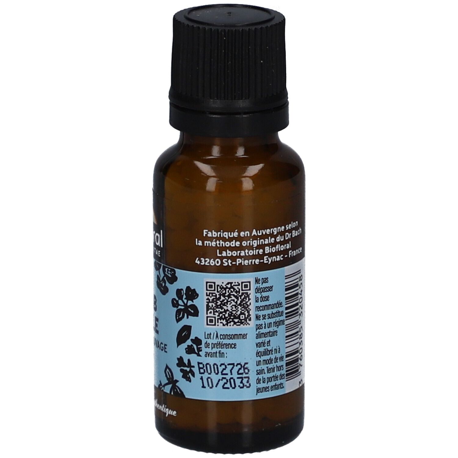 Braune Glasflasche mit schwarzem Deckel. Rückseite mit Text, QR-Code und Haltbarkeitsdatum.
