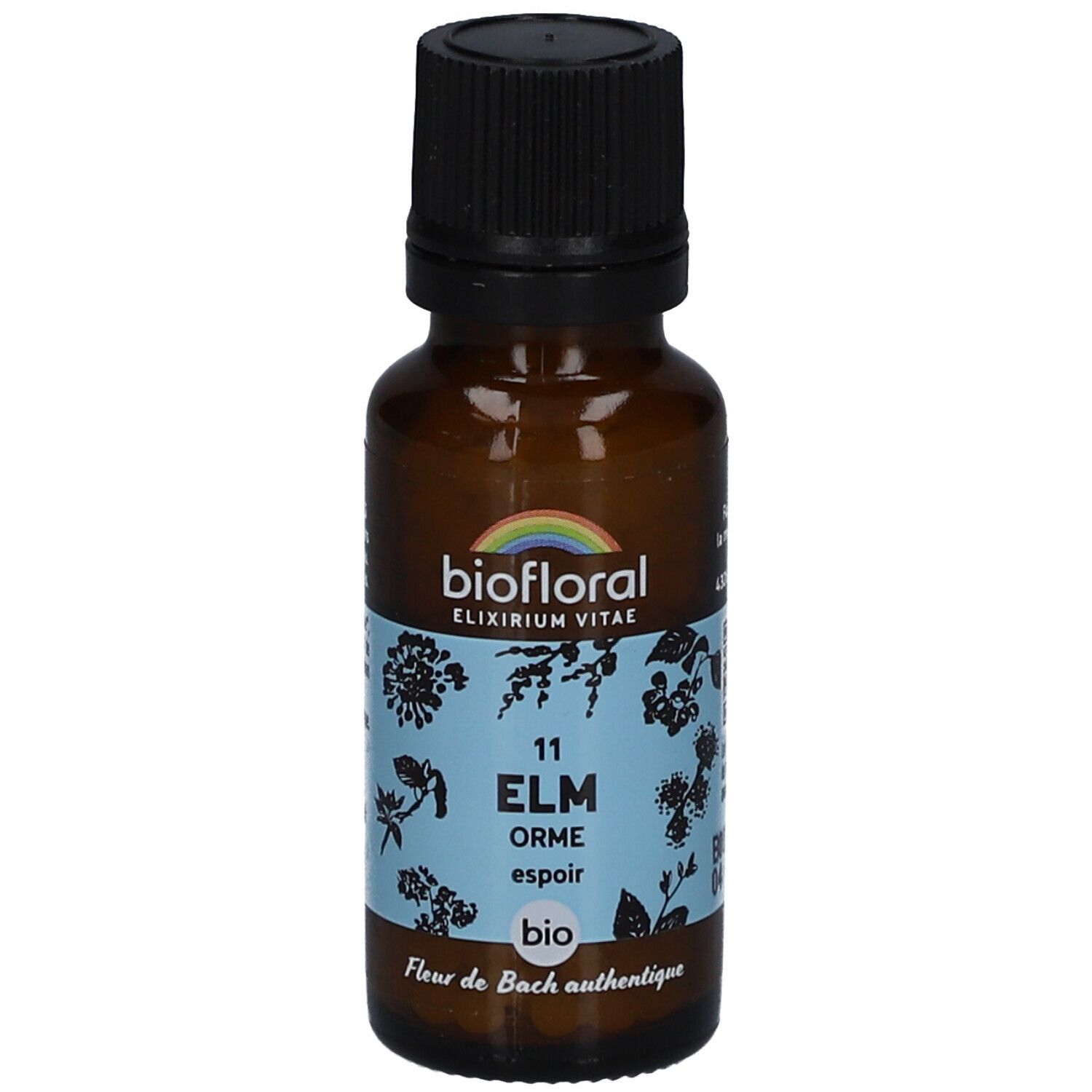Flacon en verre brun avec bouchon noir. Étiquette "BIOFLORAL" et "ELM Orme espoir". Label bio.