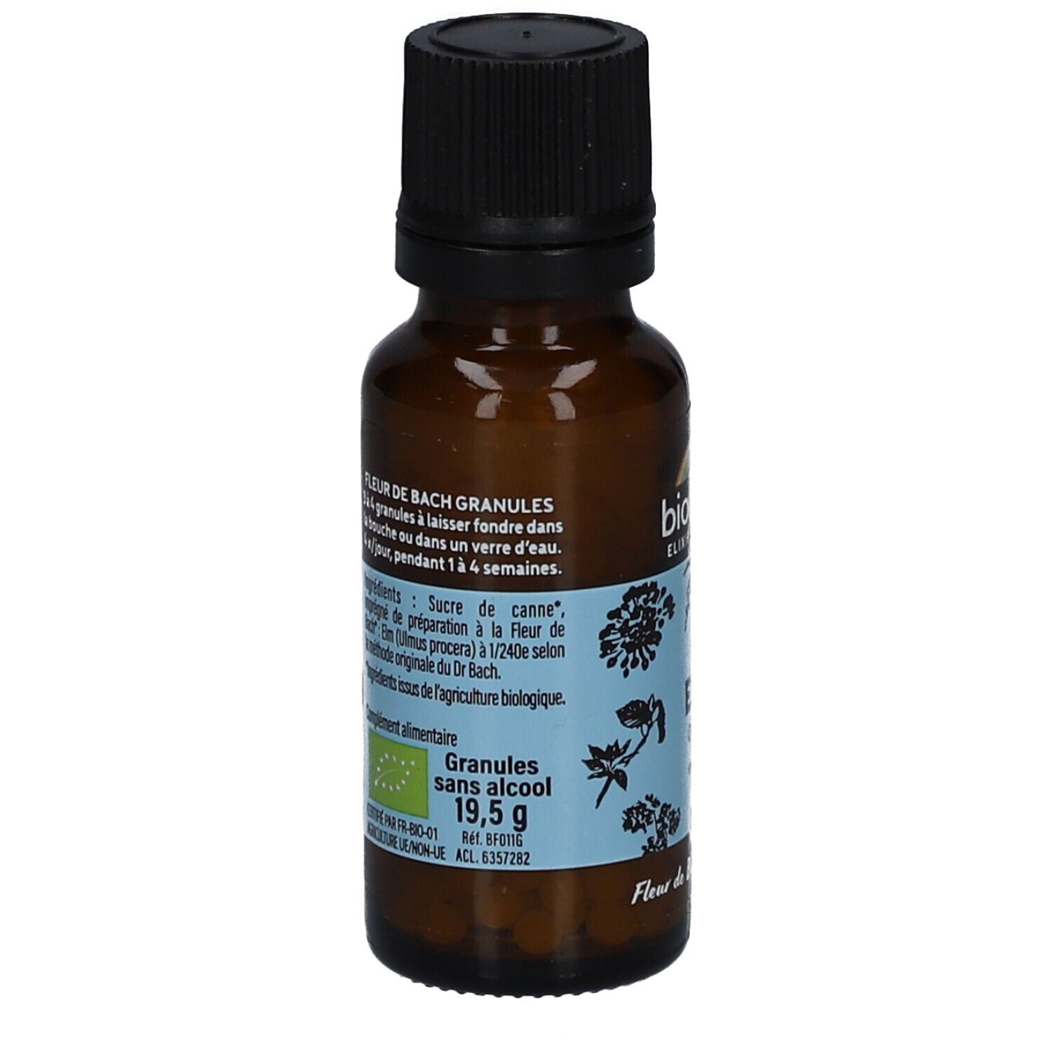 Flacon en verre brun avec bouchon noir. Dos avec texte et ingrédients. Label bio.