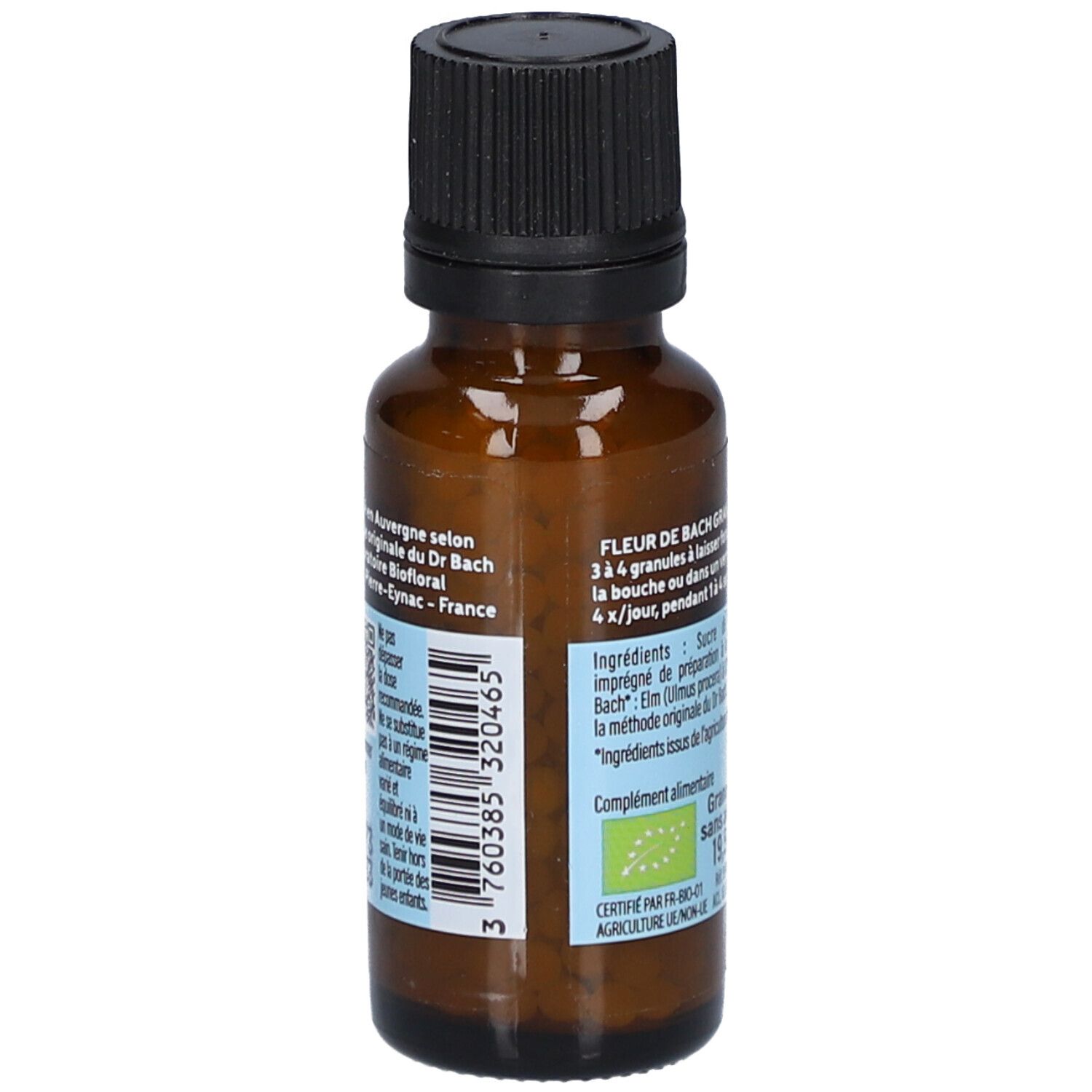 Flacon en verre brun avec bouchon noir. Dos avec texte et ingrédients. Label bio.