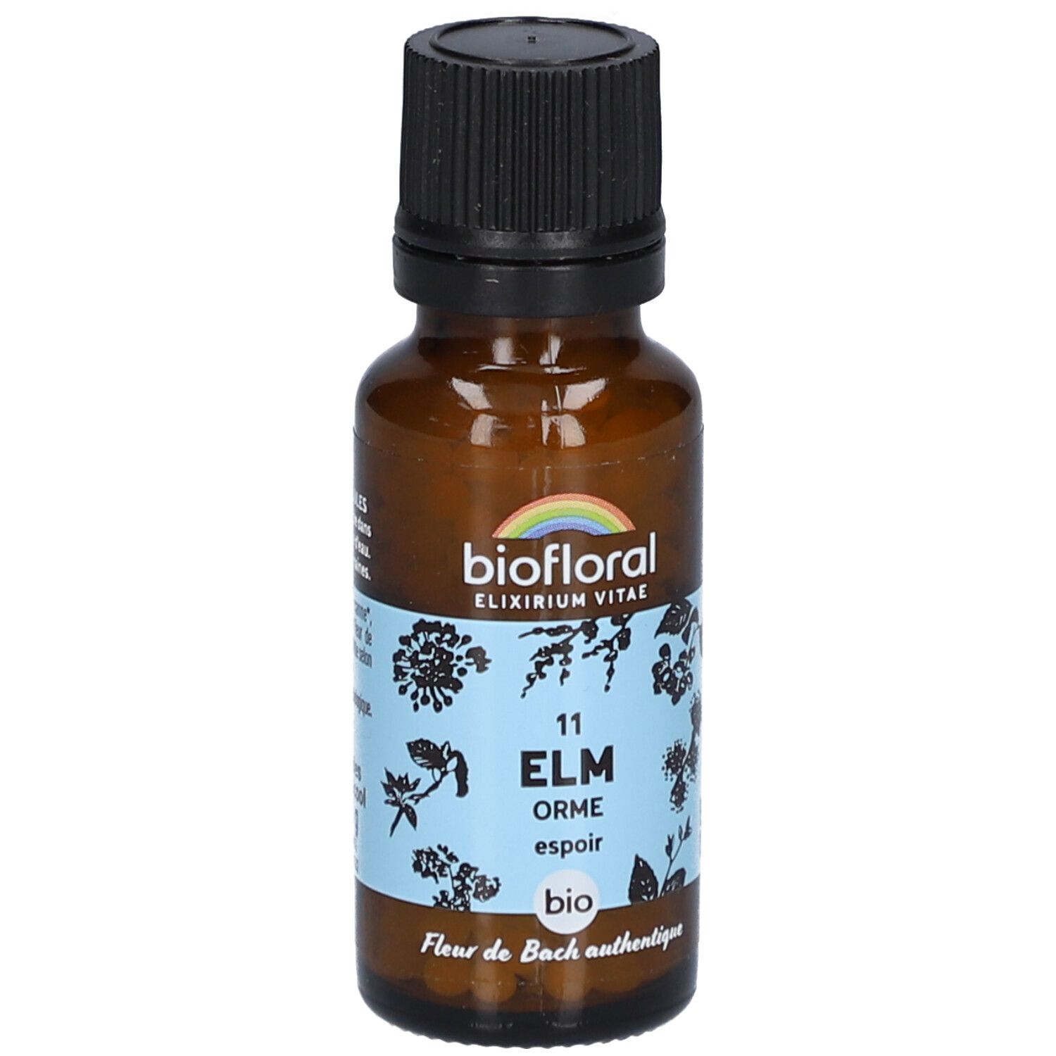 Flacon en verre brun avec bouchon noir. Étiquette "BIOFLORAL" et "ELM Orme espoir". Label bio.