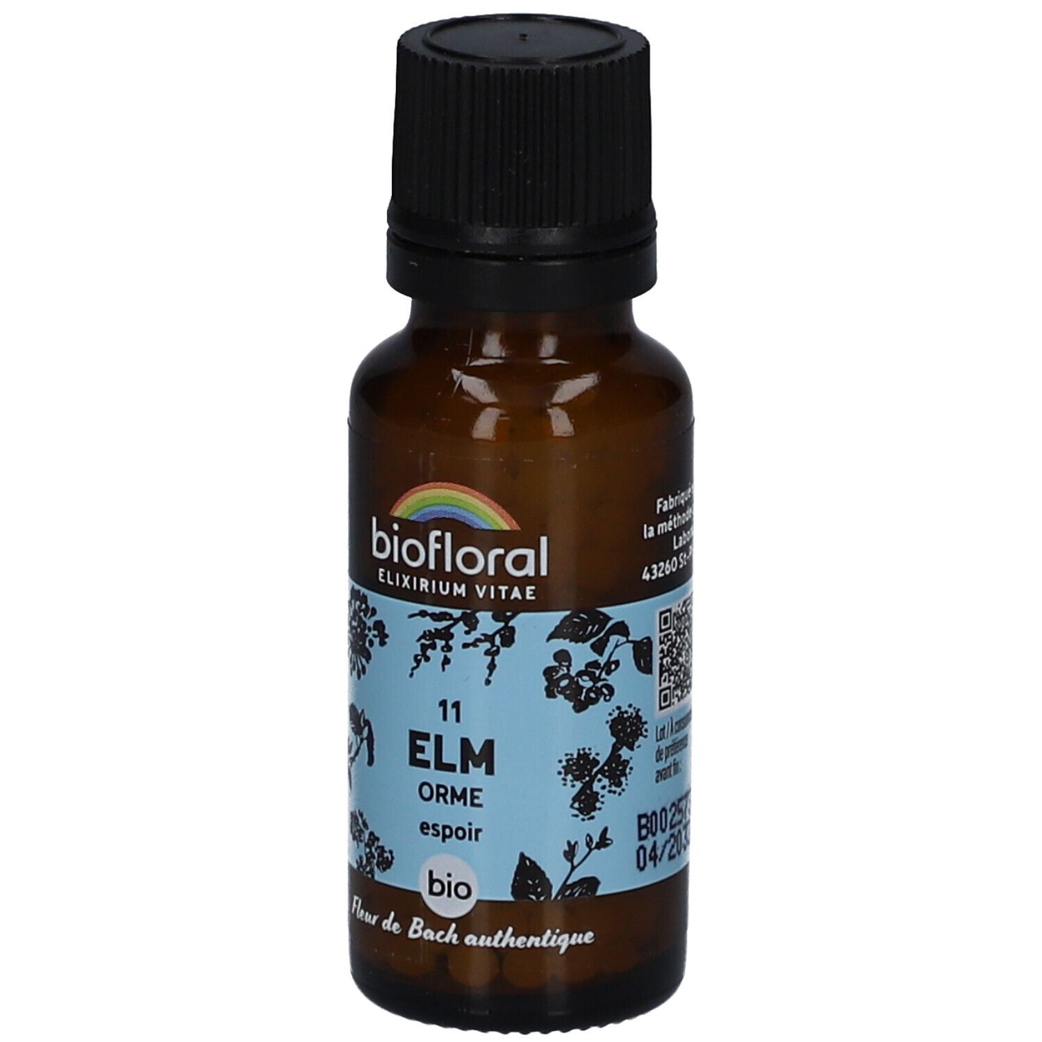 Flacon en verre brun avec bouchon noir. Étiquette "BIOFLORAL" et "ELM Orme espoir". Label bio.