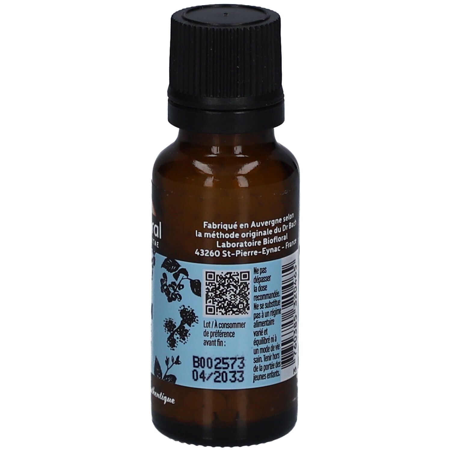 Flacon en verre brun avec bouchon noir. Dos avec texte et QR code. Label bio.