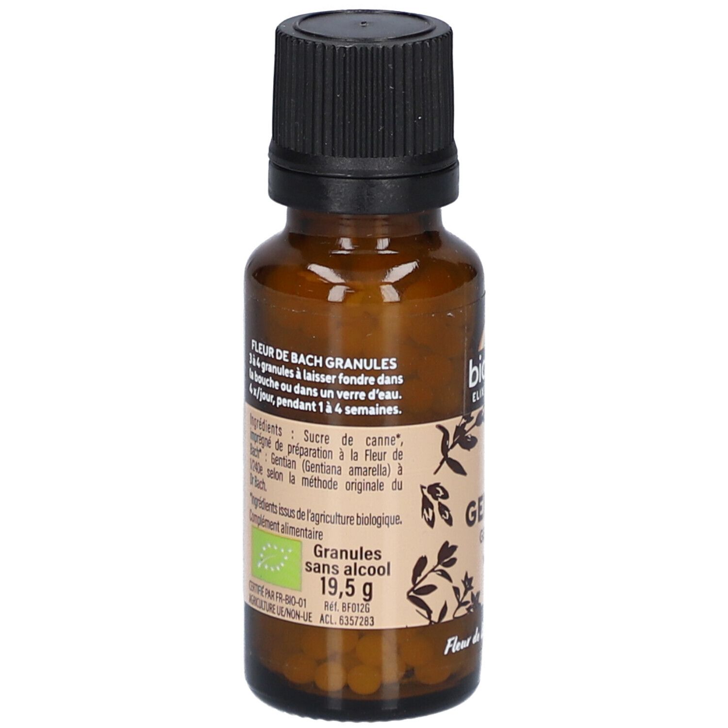 Braune Glasflasche mit schwarzem Deckel. Etikett mit Informationen zu Inhaltsstoffen und "Fleur de Bach".