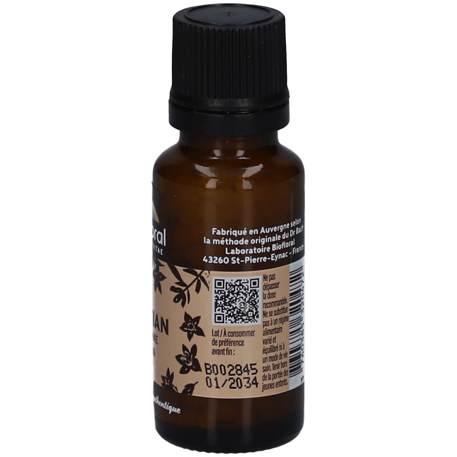 Braune Glasflasche mit schwarzem Deckel. Etikett mit Informationen und QR-Code.