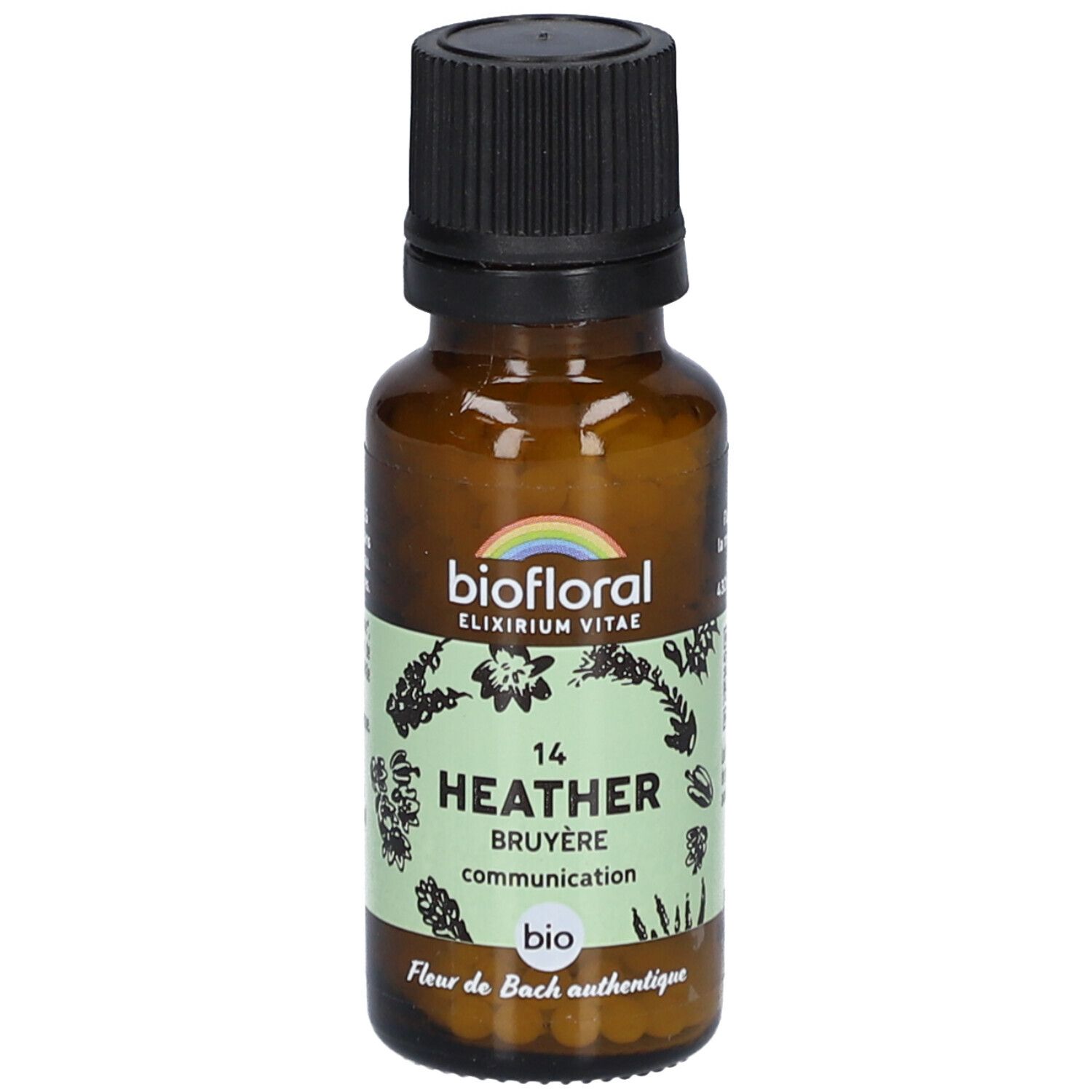 Braune Glasflasche mit schwarzem Deckel. Etikett mit "biofloral" und "Heather Bruyère". Bio-Zertifizierung.