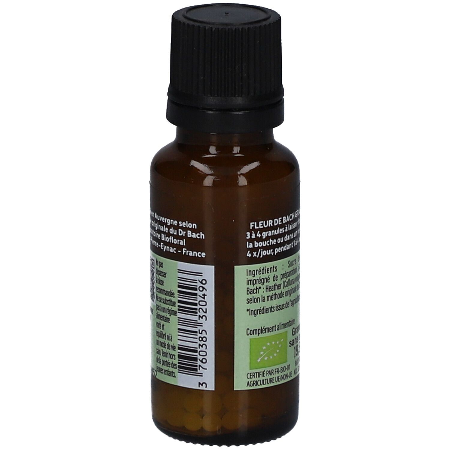 Braune Glasflasche mit schwarzem Deckel. Etikett mit Text und Bio-Zertifizierung. Barcode und Inhaltsstoffe.