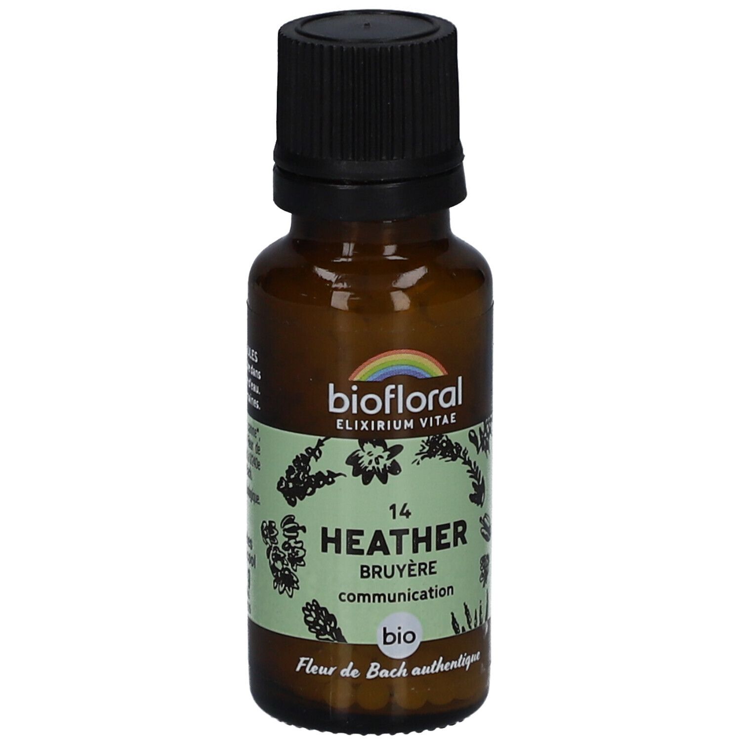 Braune Glasflasche mit schwarzem Deckel. Etikett mit "biofloral" und "Heather Bruyère". Bio-Zertifizierung.