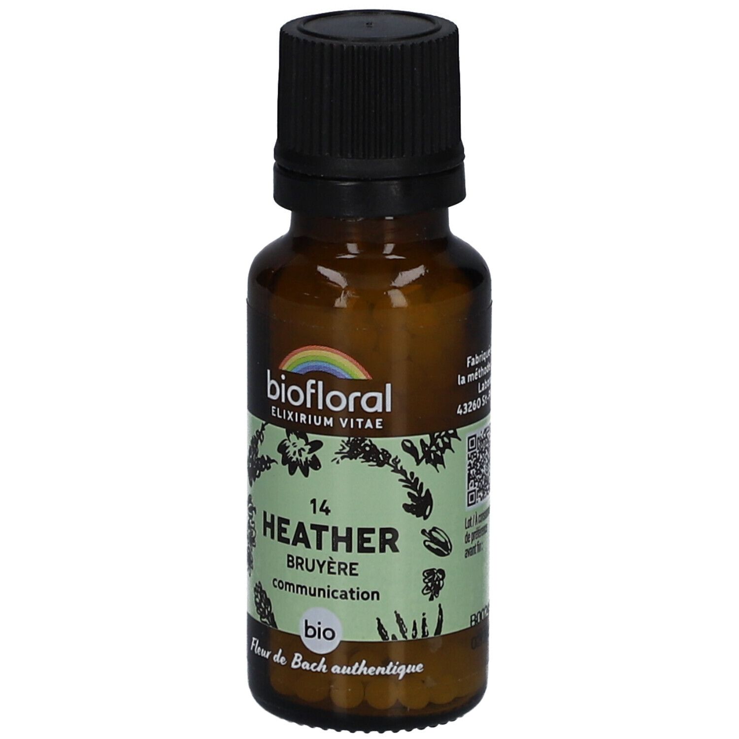 Braune Glasflasche mit schwarzem Deckel. Etikett mit "biofloral" und "Heather Bruyère". Bio-Zertifizierung.