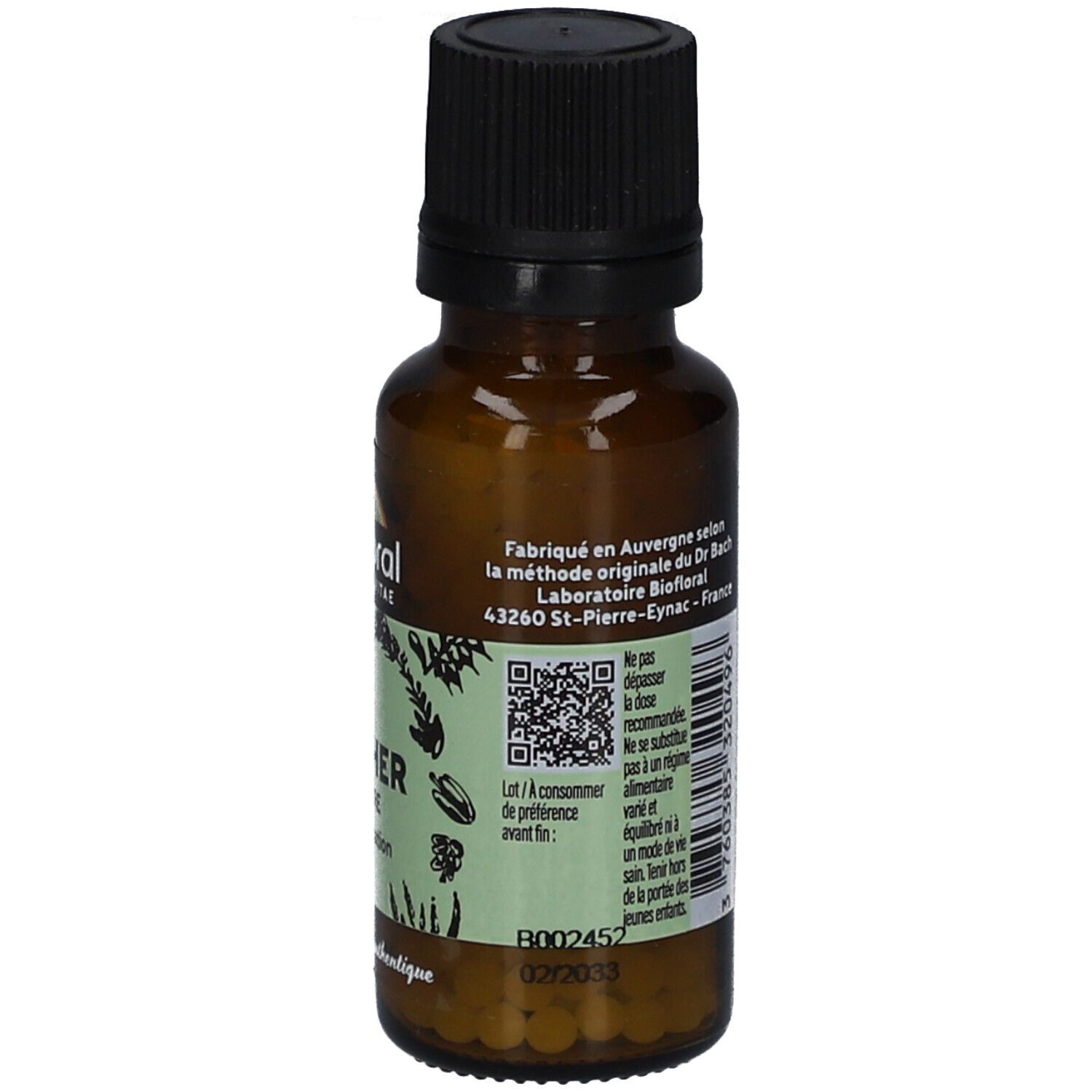 Braune Glasflasche mit schwarzem Deckel. Etikett mit Text, QR-Code und Bio-Zertifizierung. Mindesthaltbarkeitsdatum.