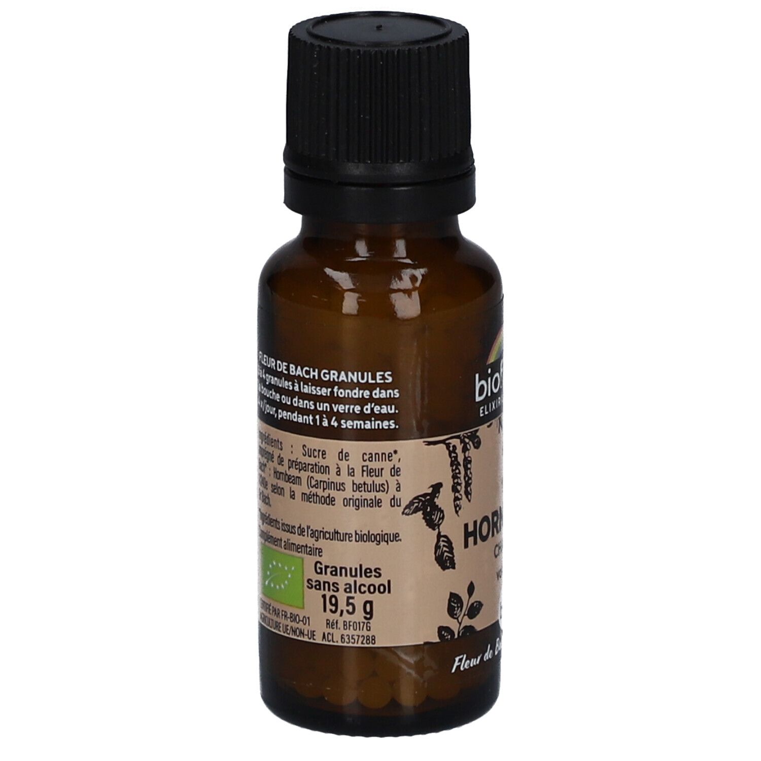Braune Glasflasche mit schwarzem Deckel. Etikett mit Text und Bio-Siegel. "Fleur de Bach Granules".