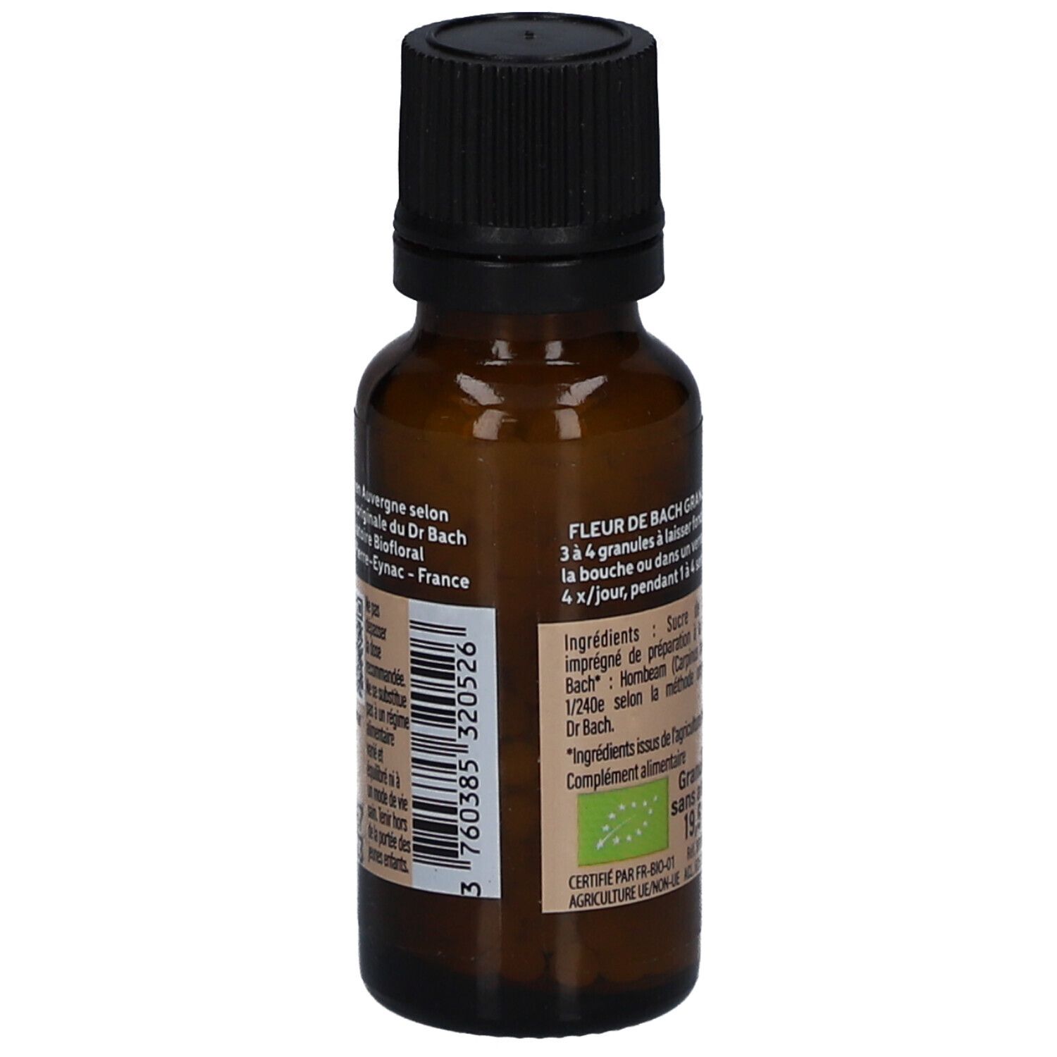 Braune Glasflasche mit schwarzem Deckel. Rückseite mit Text und Bio-Siegel. Barcode.