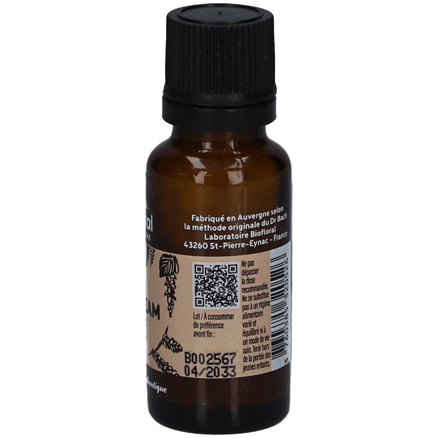 Braune Glasflasche mit schwarzem Deckel. Rückseite mit Text, QR-Code und Mindesthaltbarkeitsdatum.