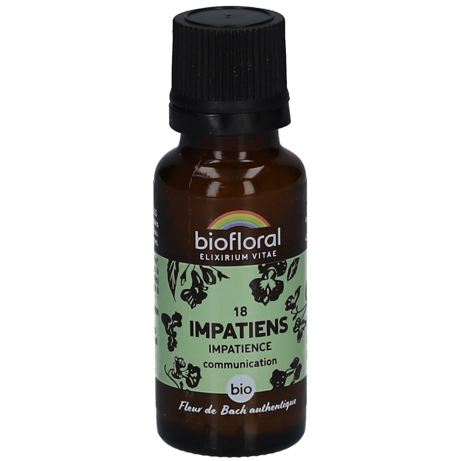 Flacon en verre brun avec bouchon noir. Étiquette avec "biofloral", "Impatiens", "bio" et logo arc-en-ciel.