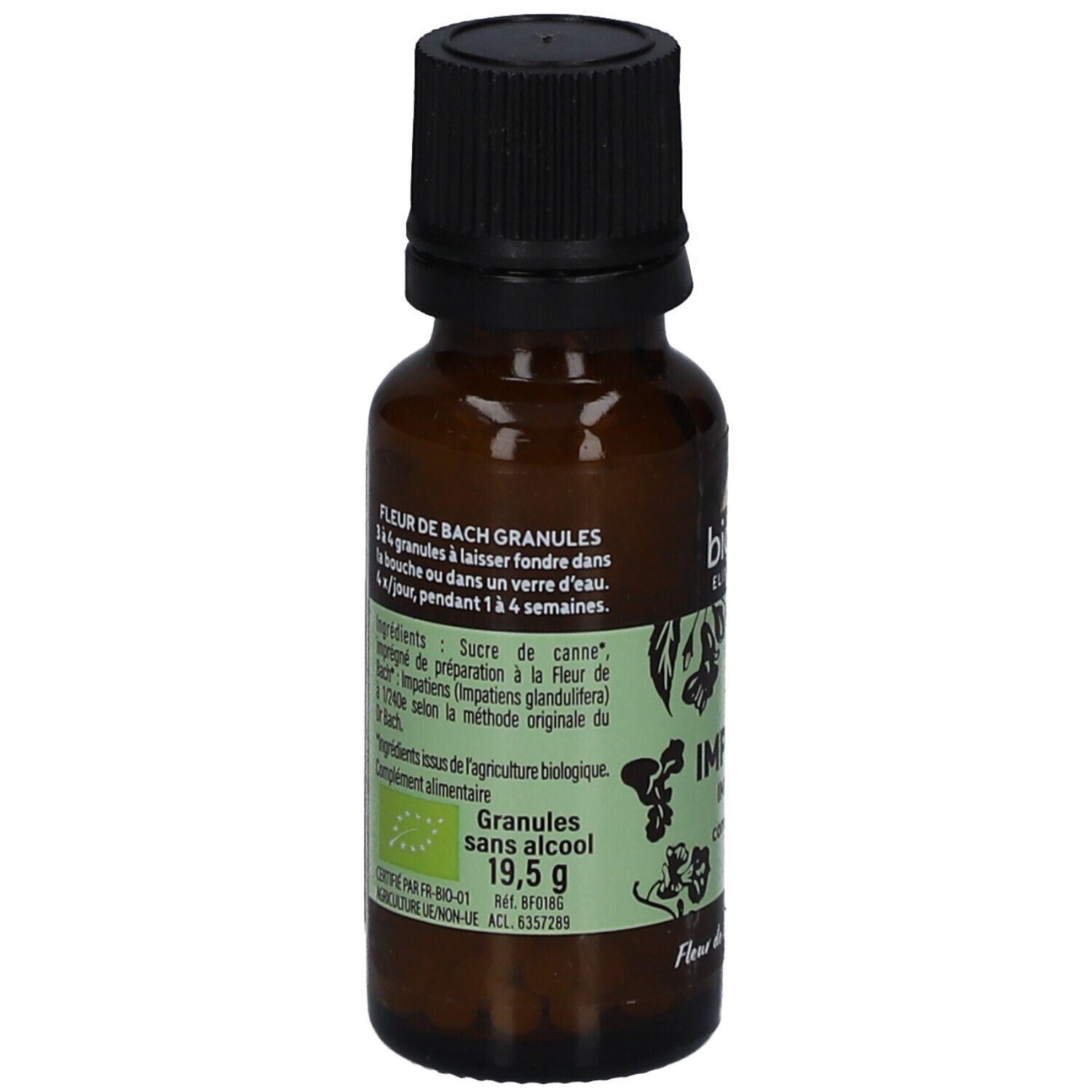 Flacon en verre brun avec bouchon noir. Étiquette avec "Fleur de Bach Granules", "sans alcool", et label bio.