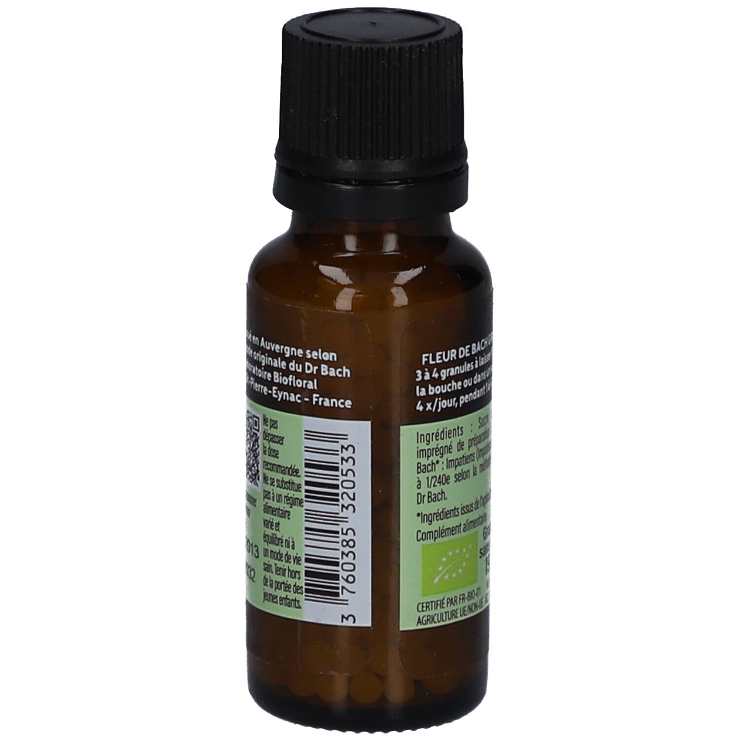 Flacon en verre brun avec bouchon noir. Étiquette avec texte, label bio et code QR.