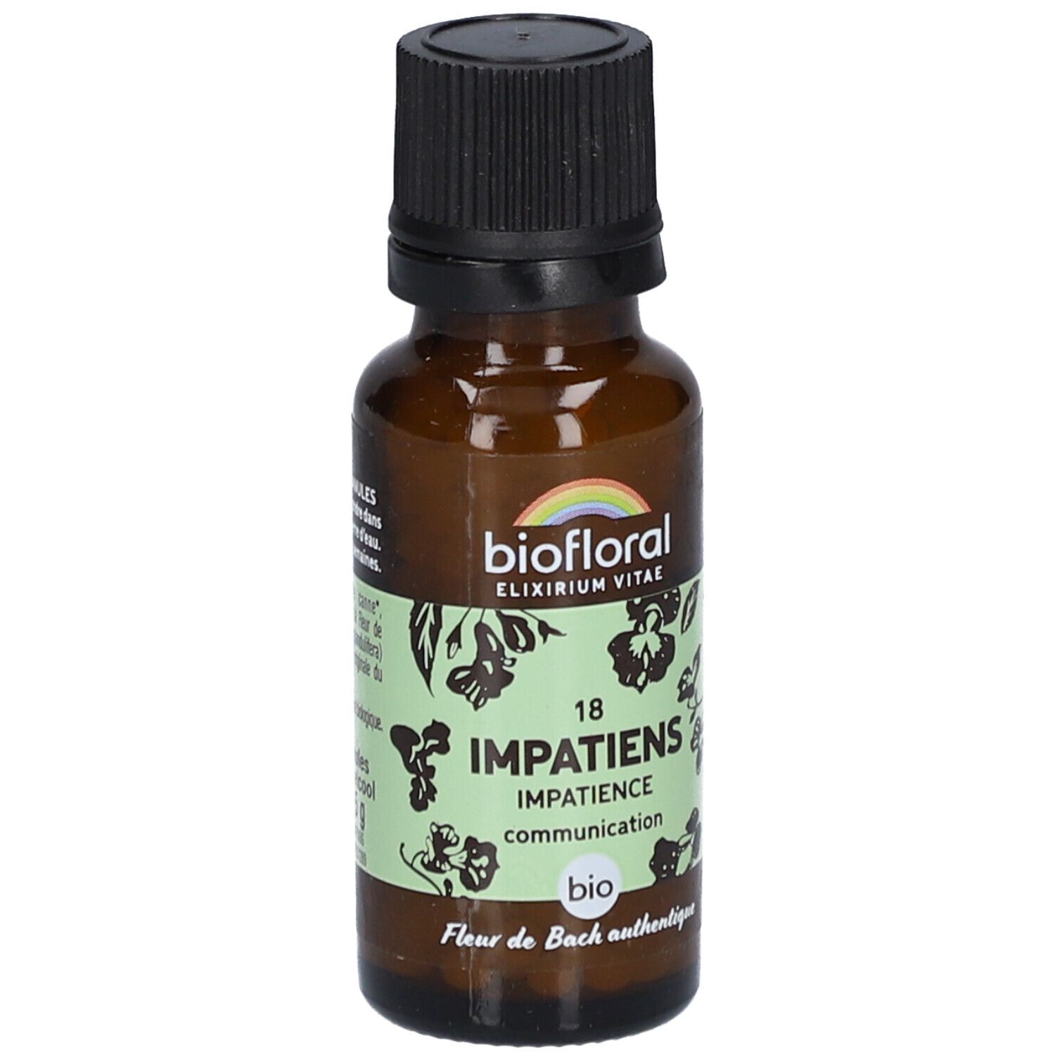 Flacon en verre brun avec bouchon noir. Étiquette avec "biofloral", "Impatiens", "bio" et logo arc-en-ciel.