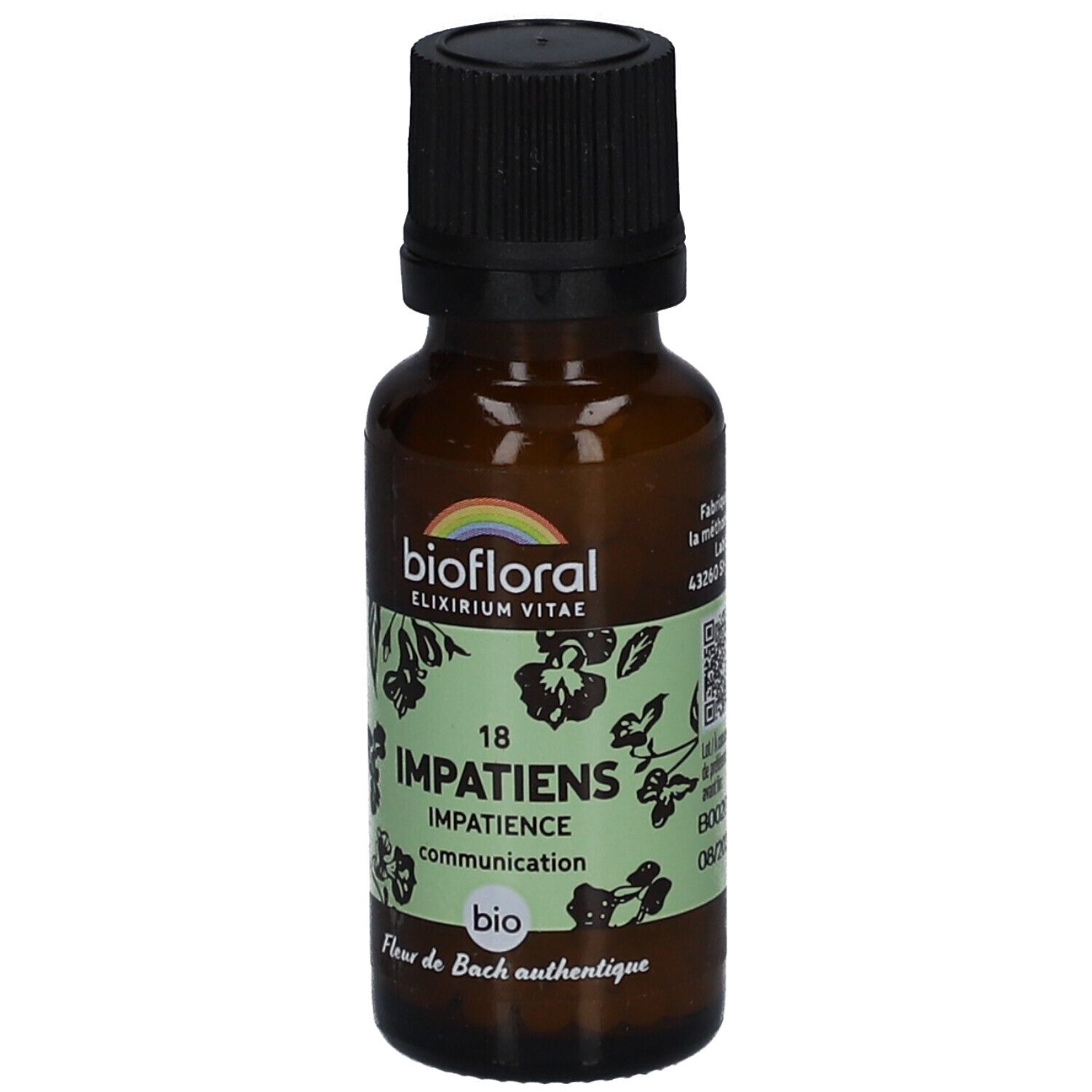 Flacon en verre brun avec bouchon noir. Étiquette avec "biofloral", "Impatiens", "bio" et logo arc-en-ciel.