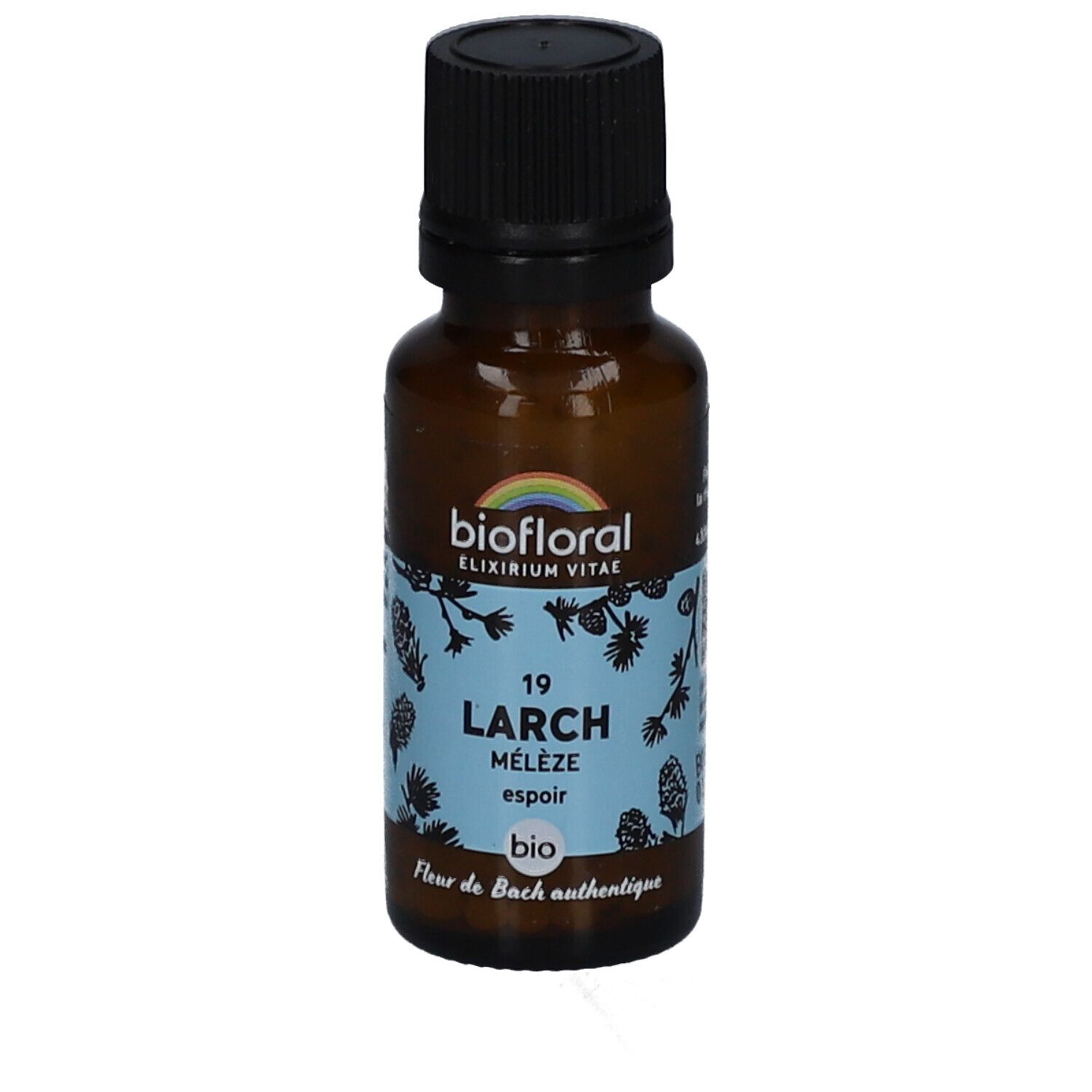 Flacon en verre brun avec bouchon noir. Étiquette avec nom du produit, marque et motif floral. Certification BIO.