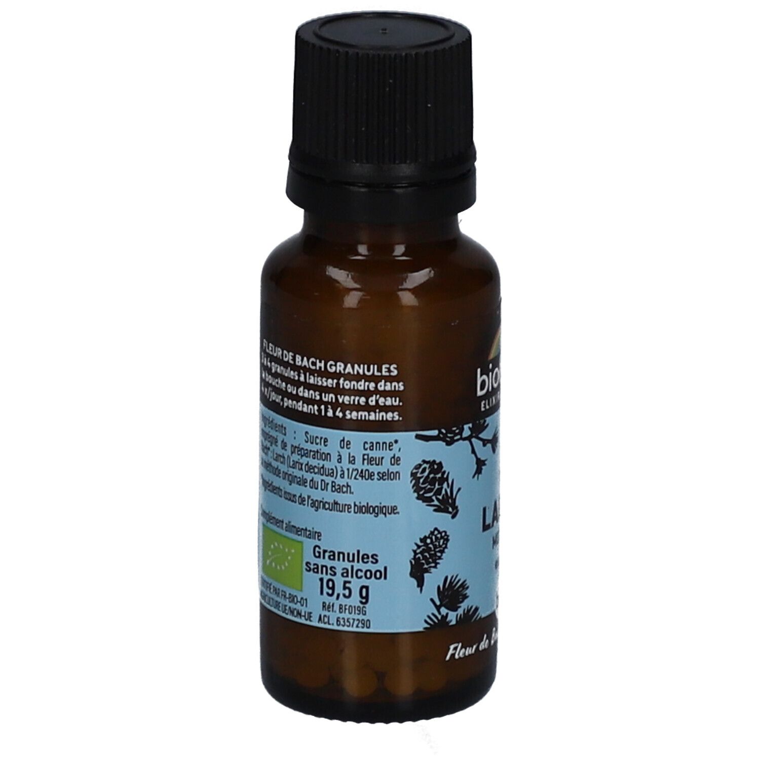 Flacon en verre brun avec bouchon noir. Étiquette avec informations produit, ingrédients et certification BIO. 19,5g.