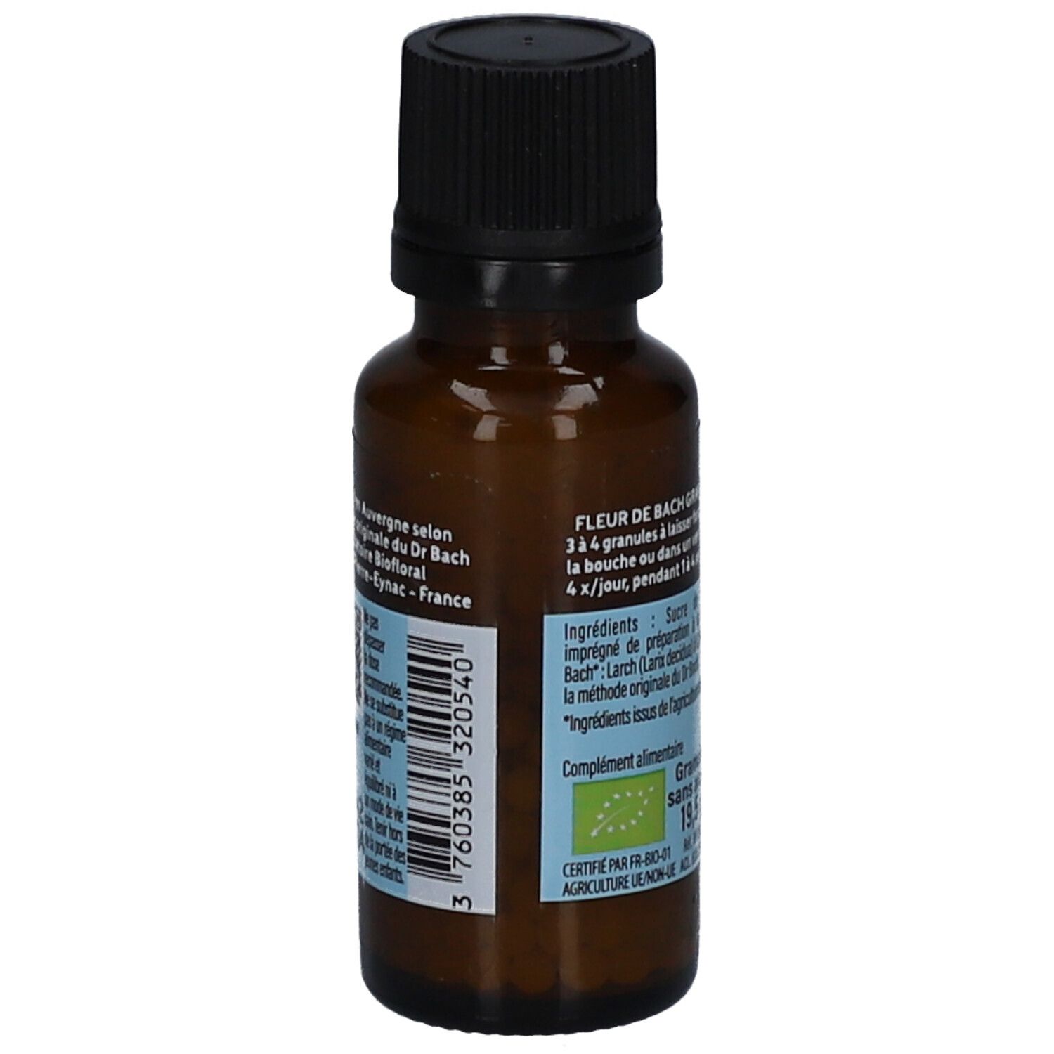 Flacon en verre brun avec bouchon noir. Dos avec informations produit et certification BIO. Fabriqué en France.