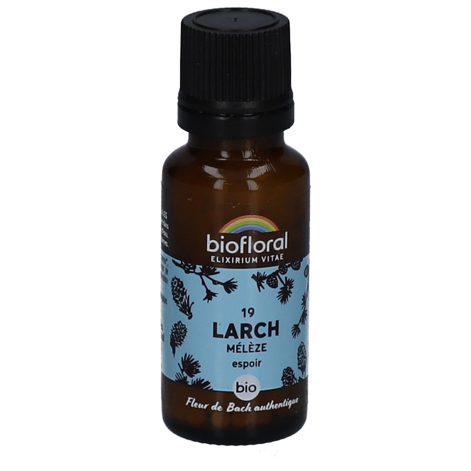 Flacon en verre brun avec bouchon noir. Étiquette avec nom du produit, marque et motif floral. Certification BIO.