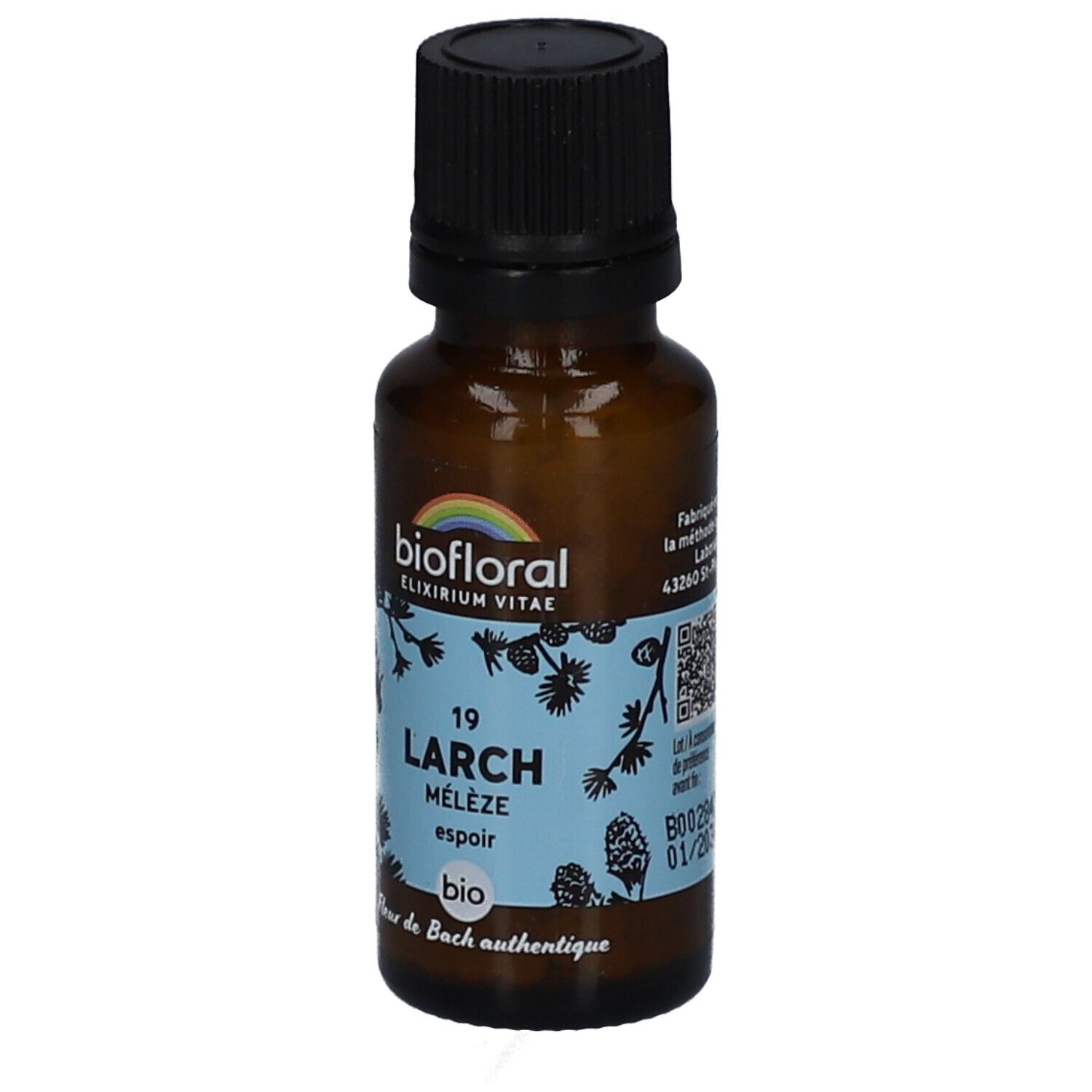 Flacon en verre brun avec bouchon noir. Étiquette avec nom du produit, marque et motif floral. Certification BIO.