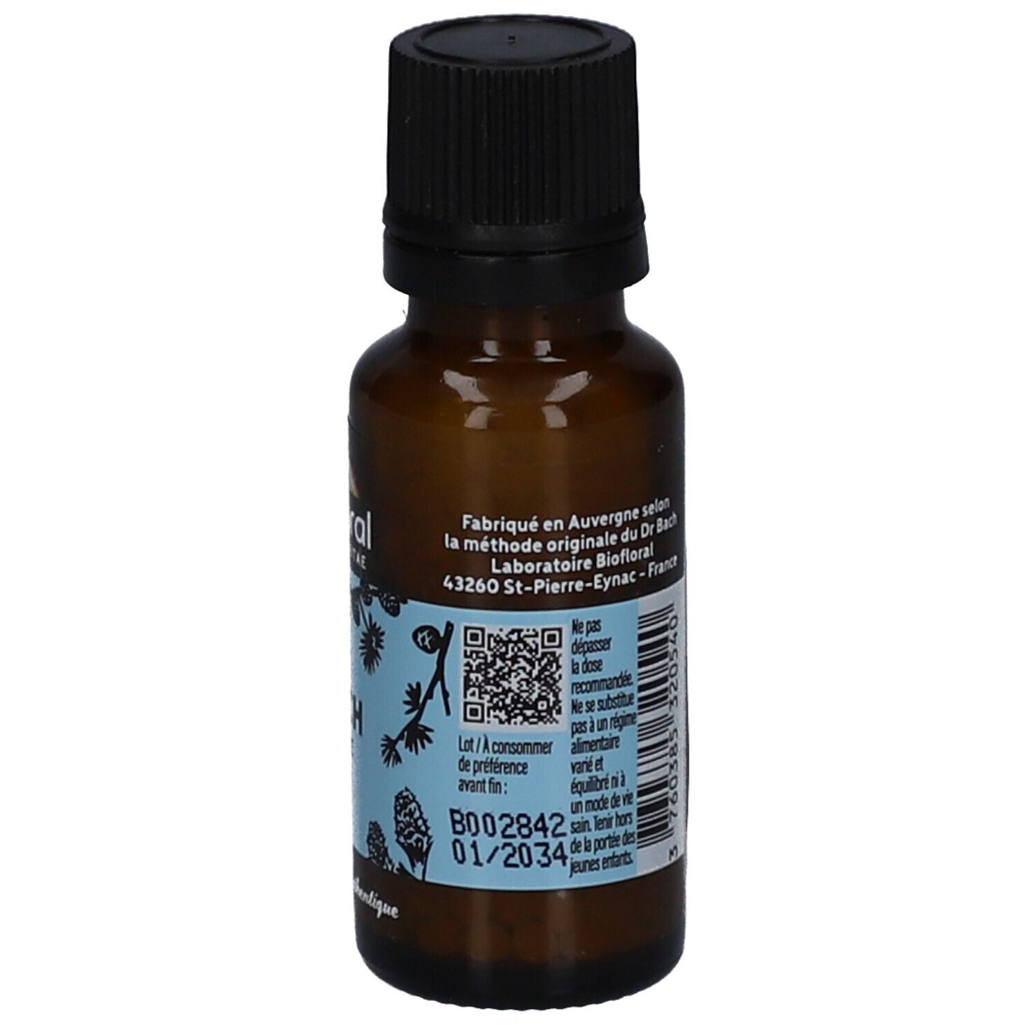 Flacon en verre brun avec bouchon noir. Étiquette avec informations produit, QR code et certification BIO. Date de péremption.