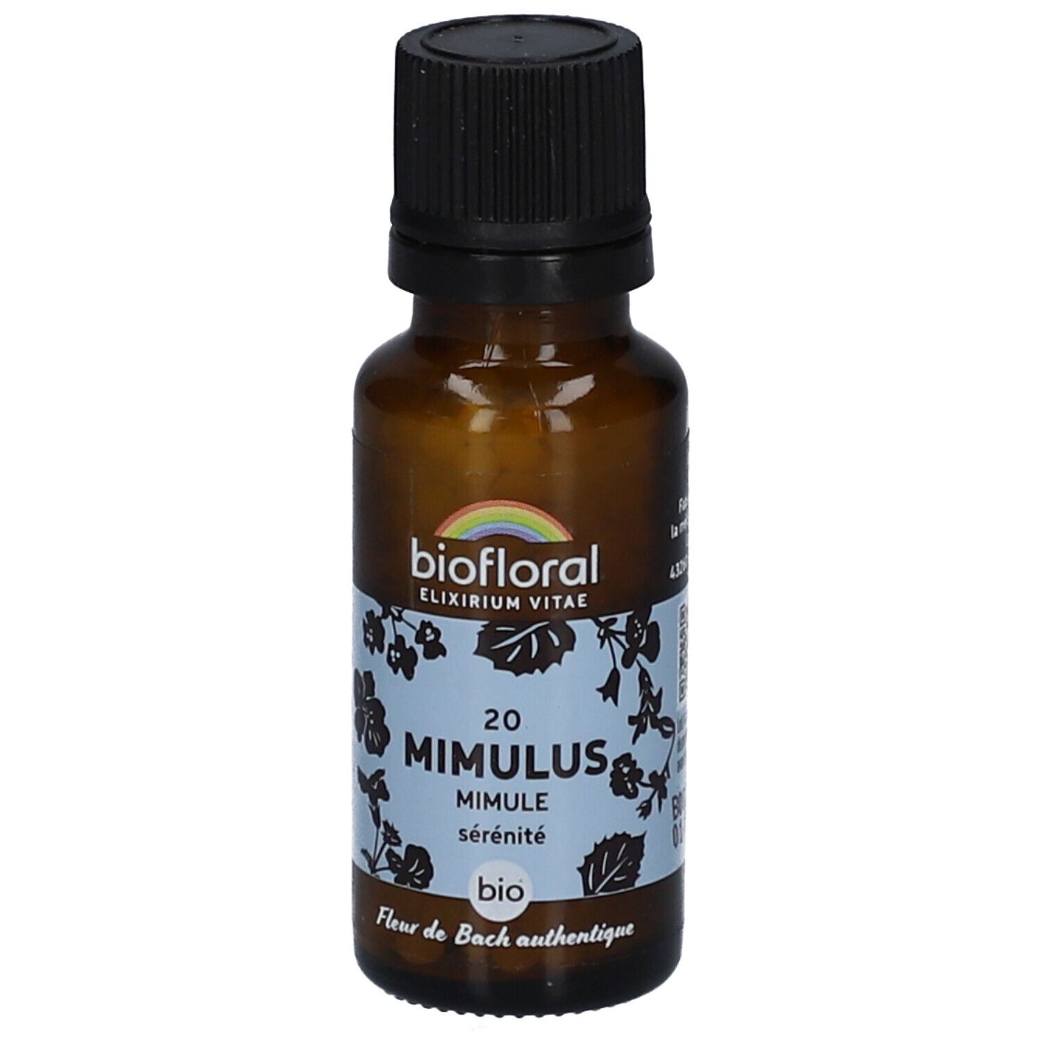 Braune Glasflasche mit schwarzem Deckel. Etikett mit Produktnamen, Marke und floralem Muster. BIO-Zertifizierung.