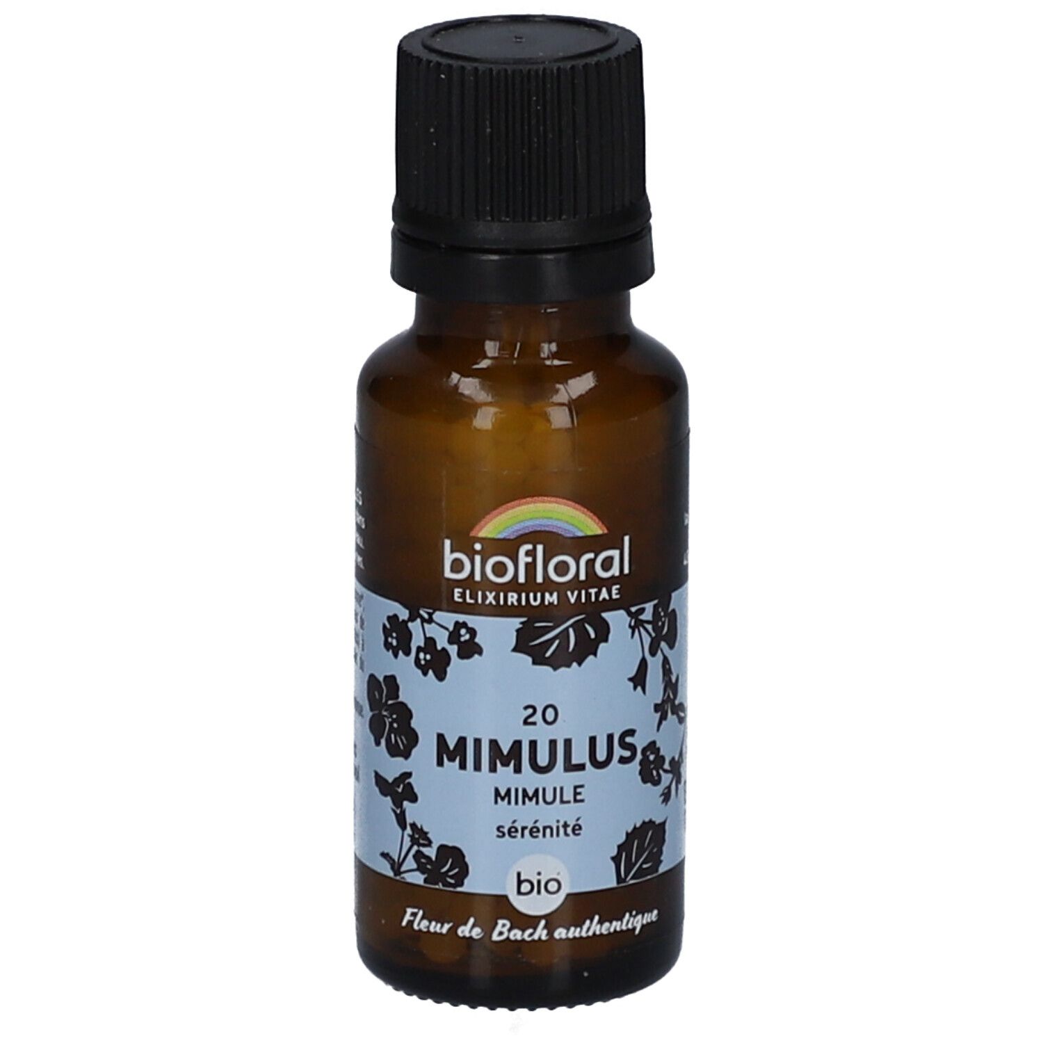 Braune Glasflasche mit schwarzem Deckel. Etikett mit Produktnamen, Marke und floralem Muster. BIO-Zertifizierung.