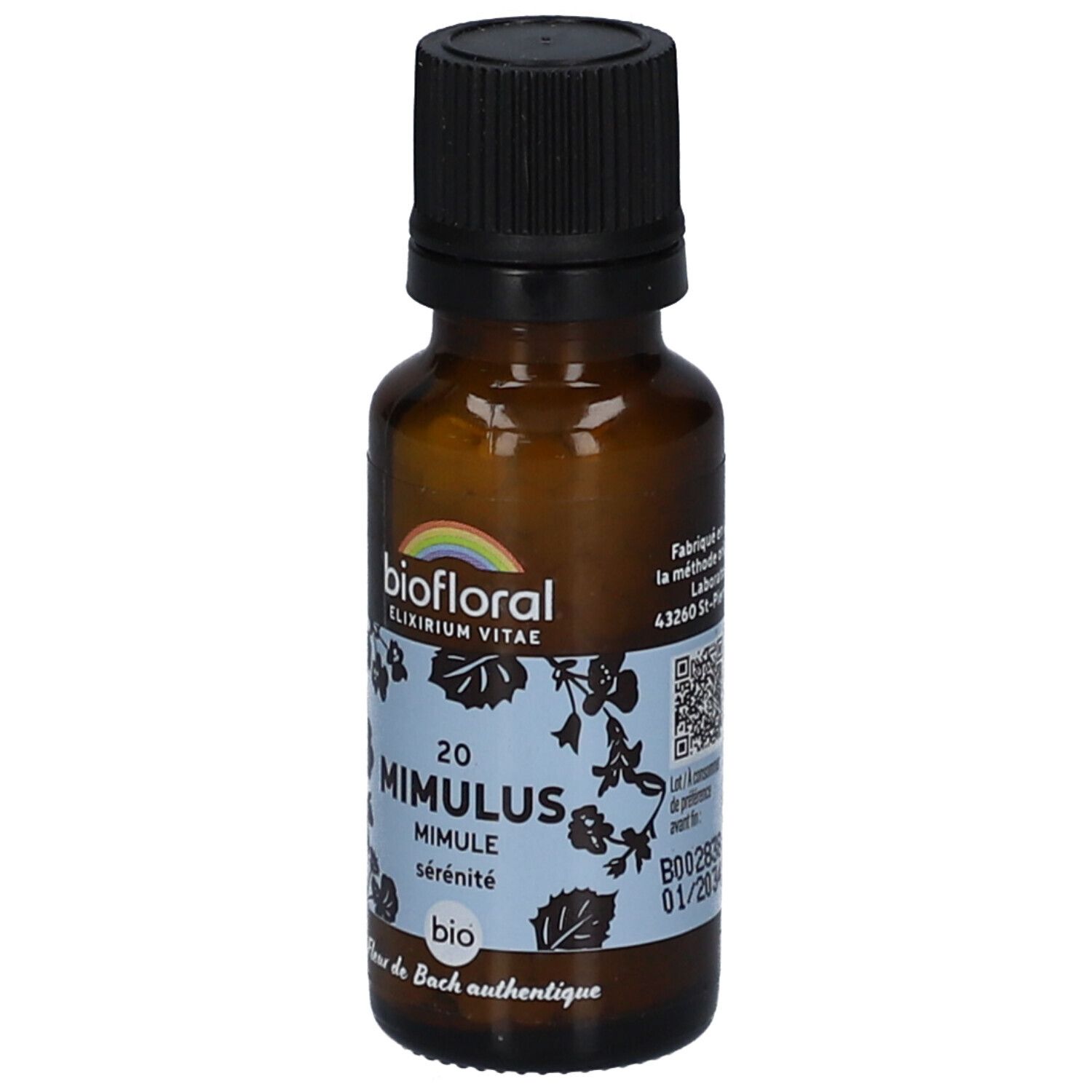 Braune Glasflasche mit schwarzem Deckel. Etikett mit Produktnamen, Marke und floralem Muster. BIO-Zertifizierung.