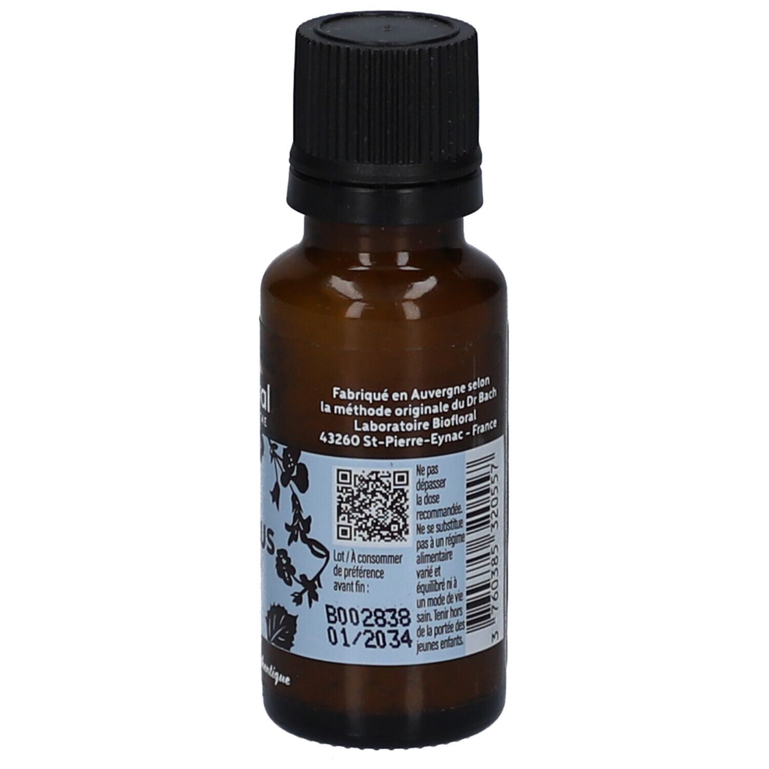 Braune Glasflasche mit schwarzem Deckel. Etikett mit Produktinformationen, QR-Code und BIO-Zertifizierung. Mindesthaltbarkeitsdatum.