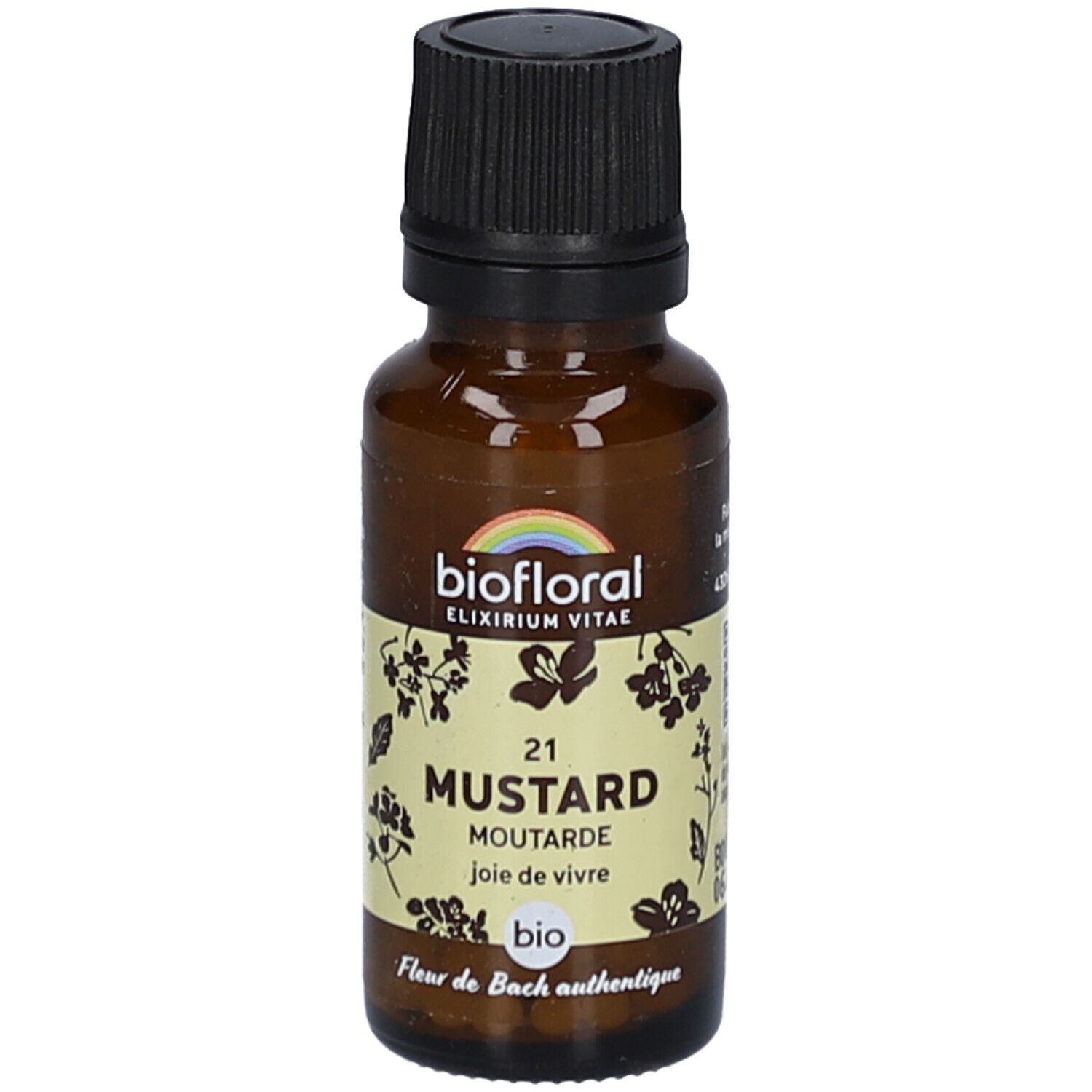 Braune Glasflasche mit schwarzem Deckel. Etikett mit "biofloral" und "21 MUSTARD".