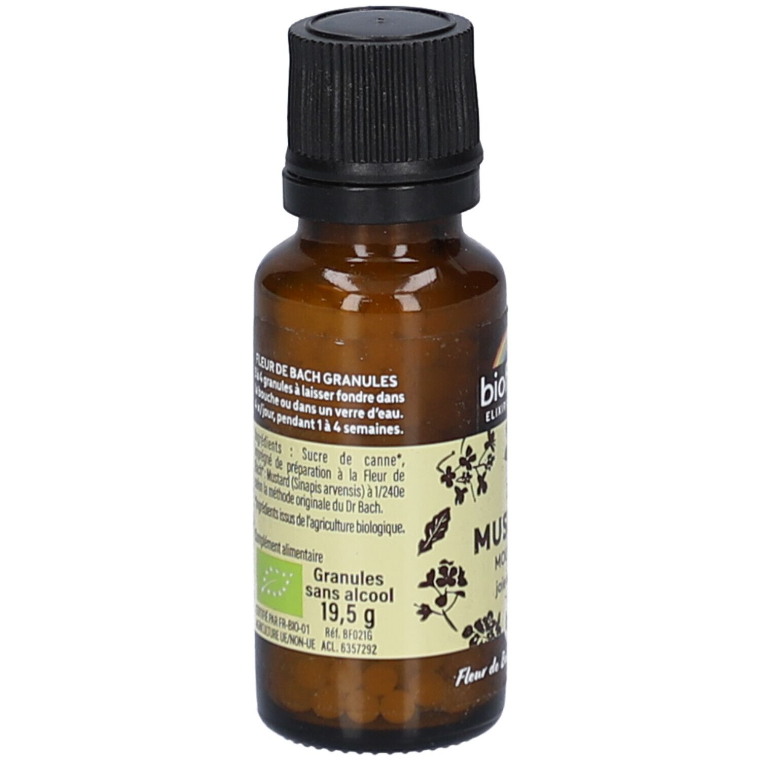 Braune Glasflasche mit schwarzem Deckel. Etikett mit Inhaltsstoffen und "Granules sans alcool".