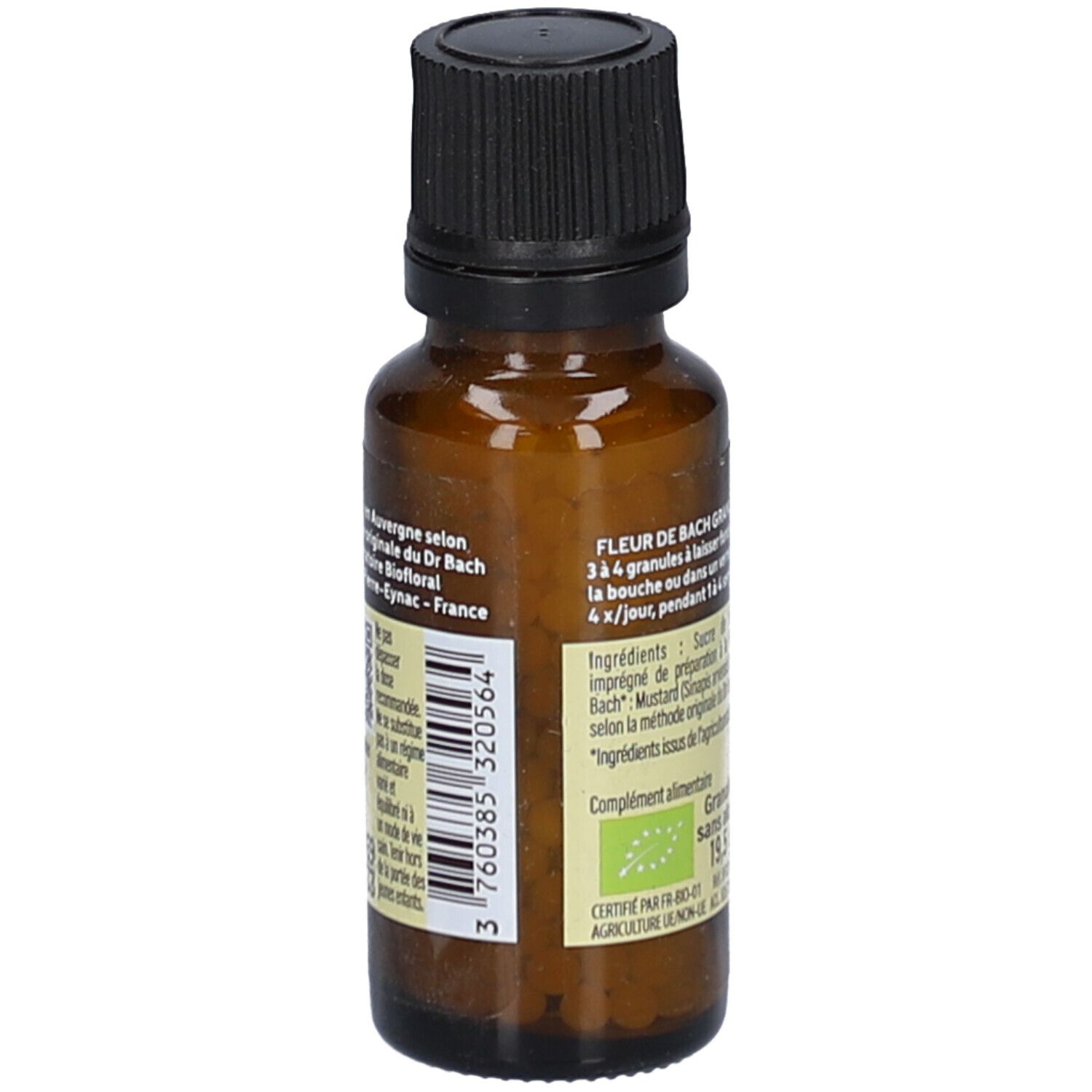 Braune Glasflasche mit schwarzem Deckel. Etikett mit Informationen zur Anwendung und Inhaltsstoffen.