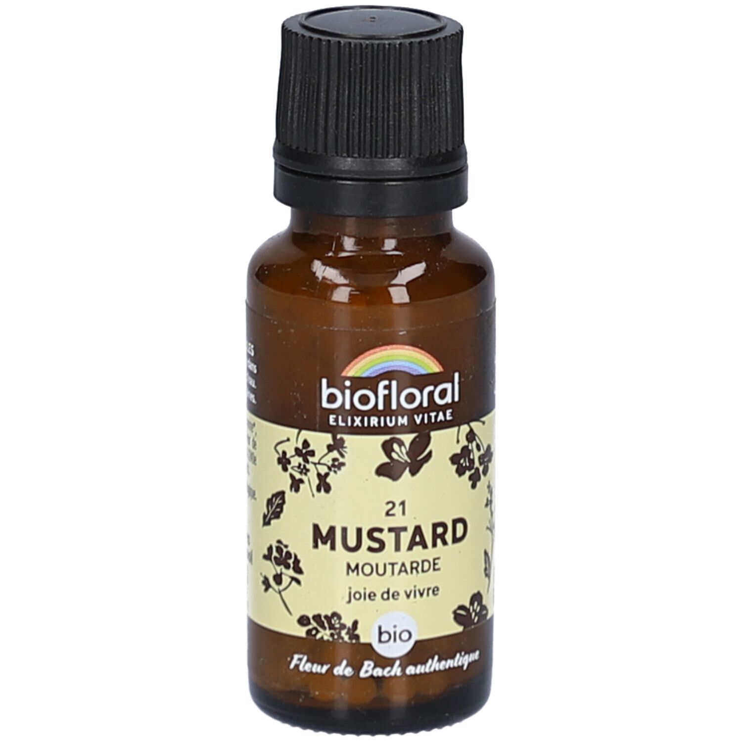Braune Glasflasche mit schwarzem Deckel. Etikett mit "biofloral" und "21 MUSTARD".