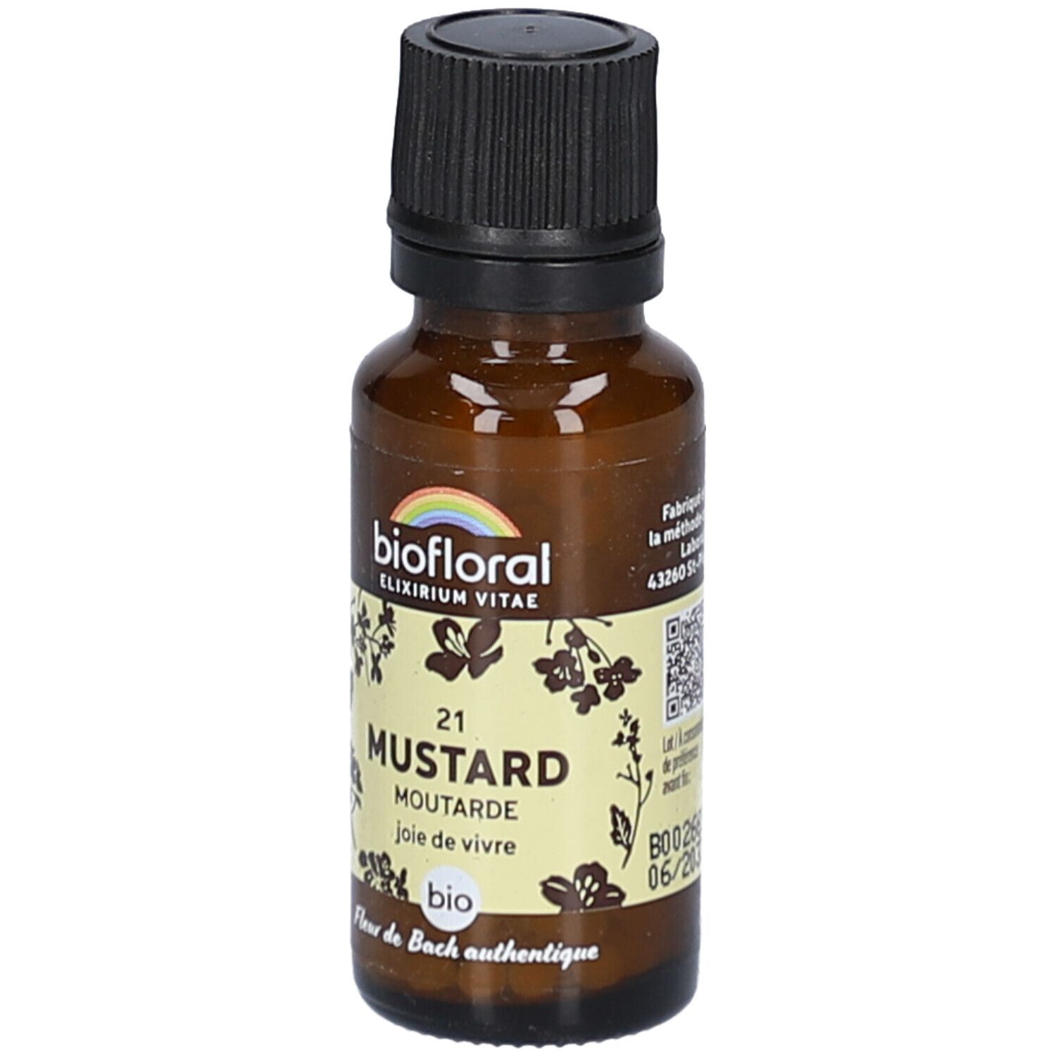 Braune Glasflasche mit schwarzem Deckel. Etikett mit "biofloral" und "21 MUSTARD". QR-Code.