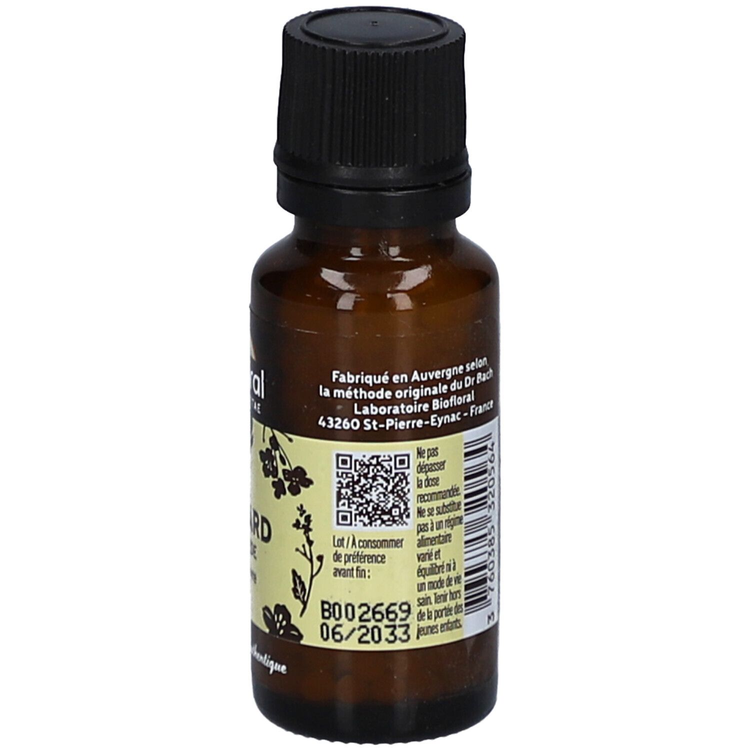 Braune Glasflasche mit schwarzem Deckel. Etikett mit QR-Code und Mindesthaltbarkeitsdatum.