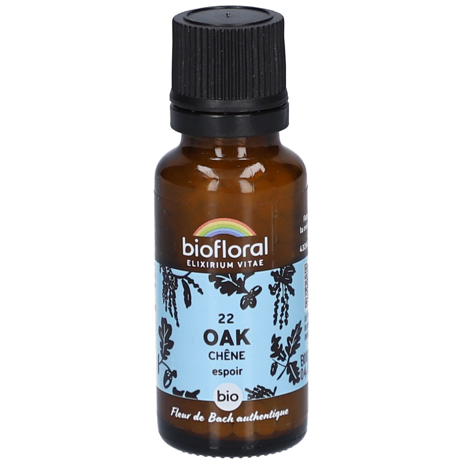 Flacon en verre brun avec bouchon noir. Étiquette "biofloral", "OAK Chêne espoir bio" et arc-en-ciel.