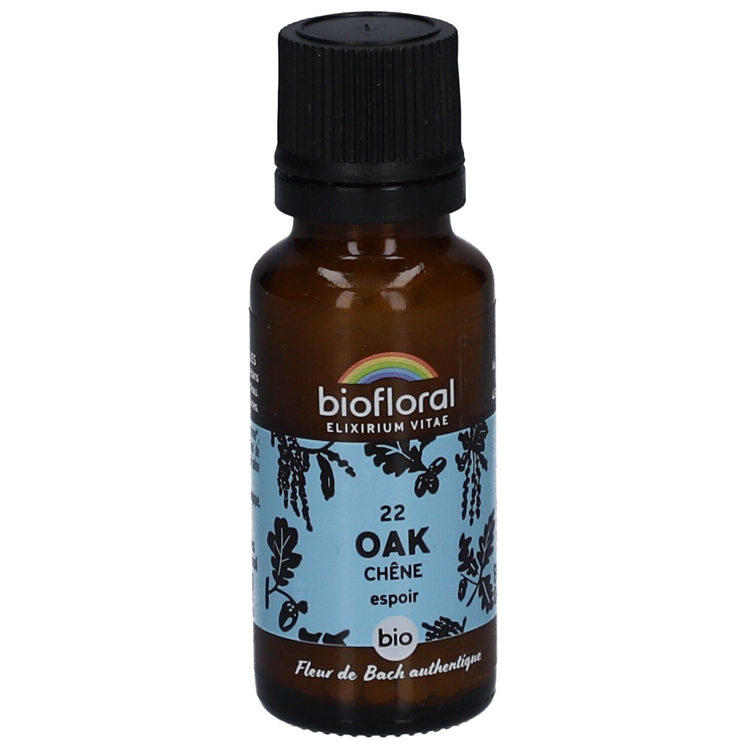 Flacon en verre brun avec bouchon noir. Étiquette "biofloral", "OAK Chêne espoir bio" et arc-en-ciel.