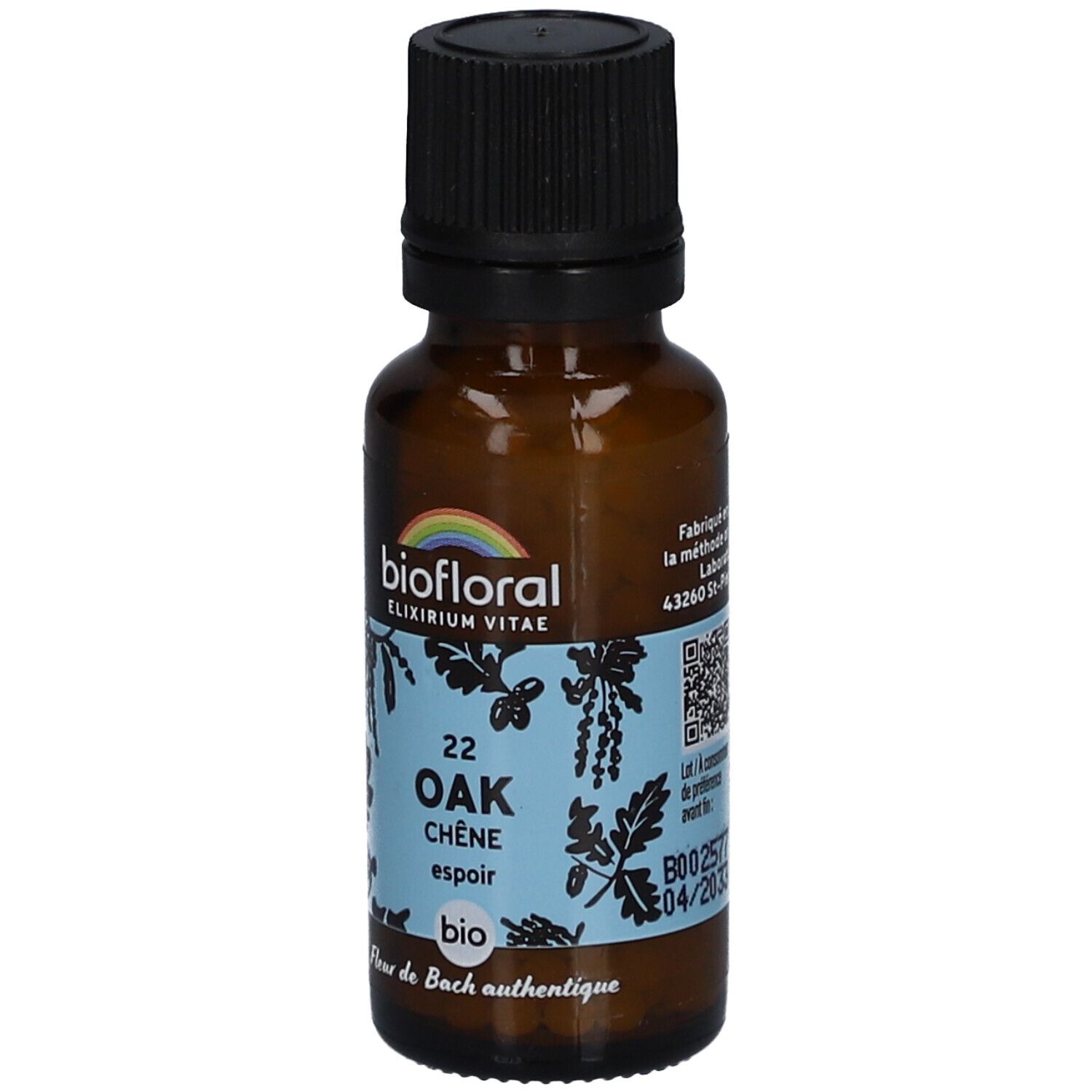 Flacon en verre brun avec bouchon noir. Étiquette "biofloral", "OAK Chêne espoir bio" et arc-en-ciel.