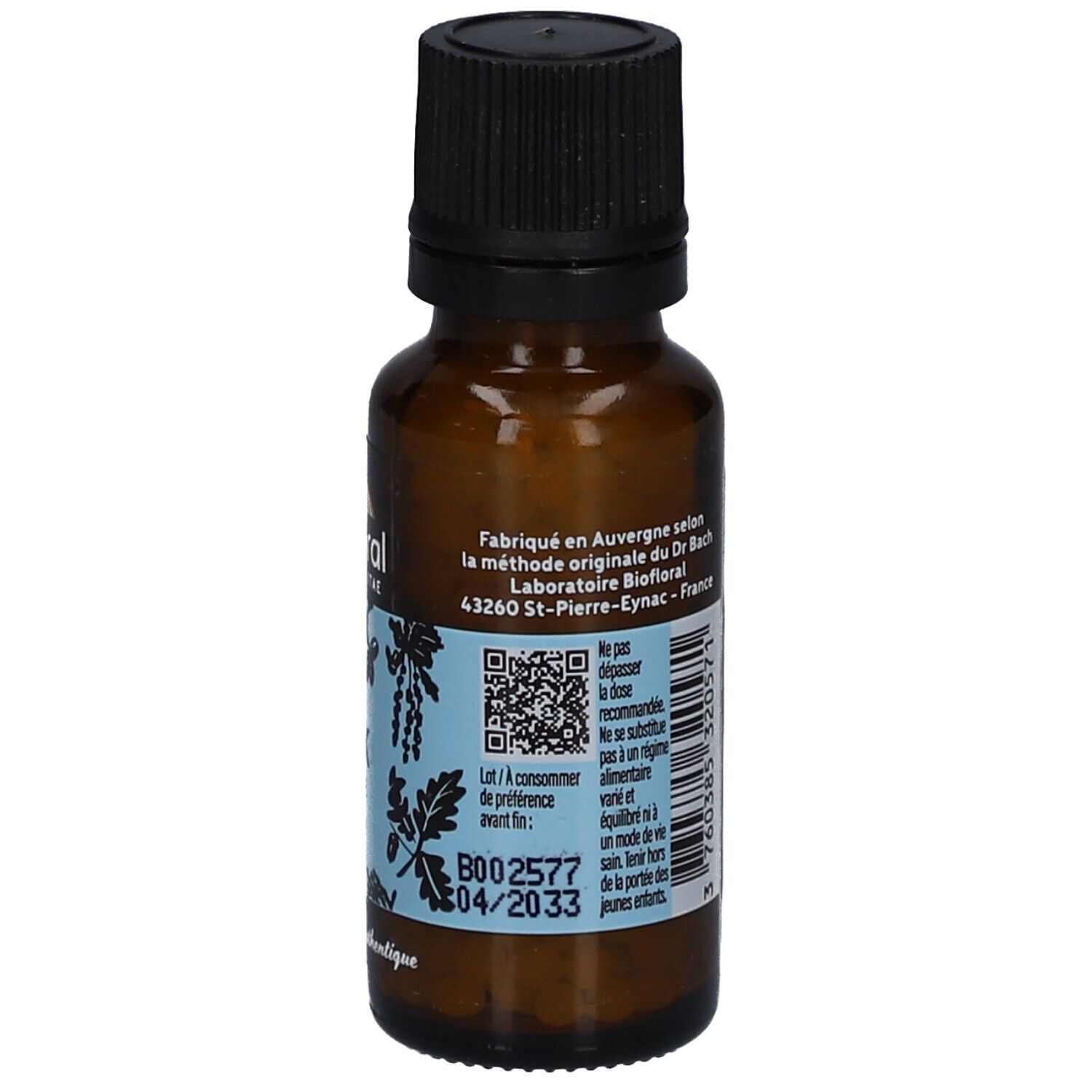 Flacon en verre brun avec bouchon noir. Dos avec texte, QR code et date de péremption. Label "biofloral".
