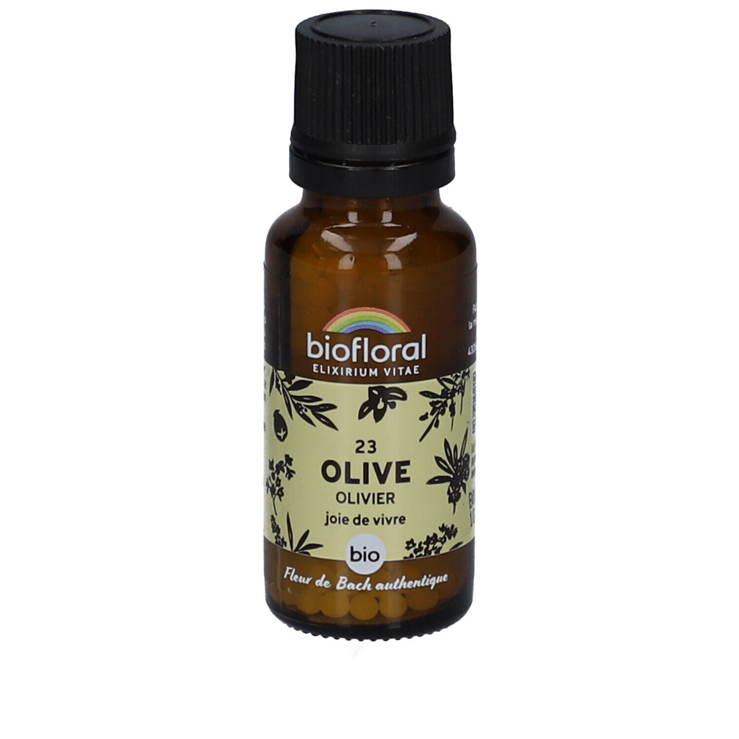 Flacon en verre brun avec bouchon noir. Étiquette avec nom du produit, logo et label bio. Inscription : 23 OLIVE OLIVIER.