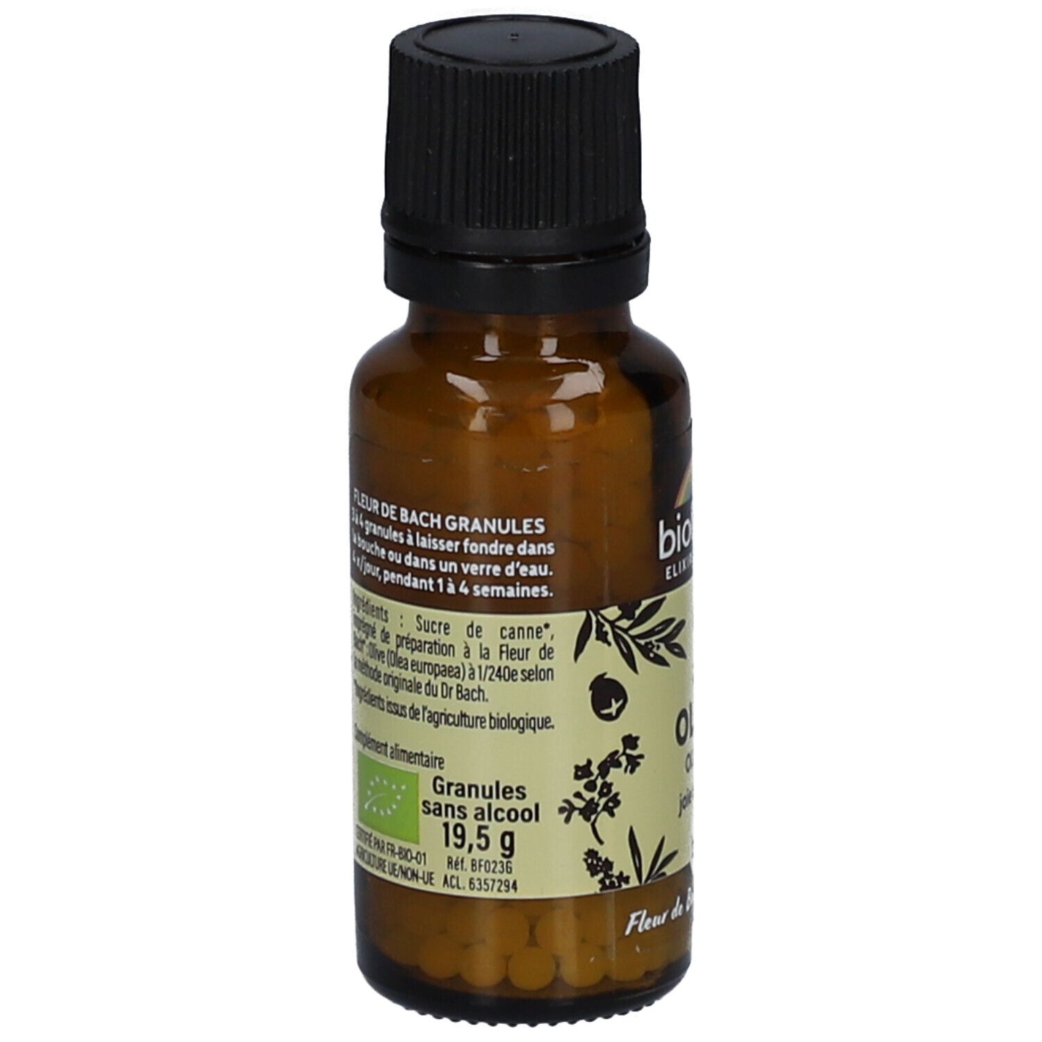 Dos du flacon. Étiquette avec ingrédients, poids et label bio. Inscription : Granules sans alcool. 19,5 g.